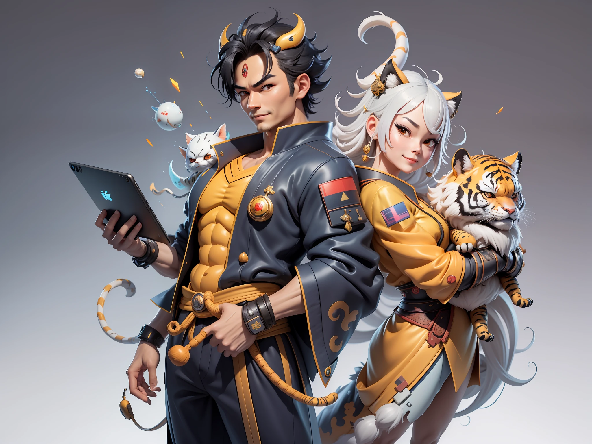 (Masterpiece), (Excellent), (Super Meticulous), (Full Body: 1.2), Super Young Man with Japanese Female Geisha, Beauty, Chinese Dragon, Tiger, Wind God Thor, Sexy, Bursting, Oriental Face, TV Anchor, Bust Portrait Illustration, Black Suit, Blue Tie, Slightly Chubby, Very Clean Face, No Beard, Black Super Short Hair, Black Eyes, Confident Smile, 3c Computer Sub-Products, iPad, iPhone, Digital Painting, 3D Character Design by Mark Claireden and Pixar and Hayao Miyazaki and Akira Toriyama, The illustration is a high-definition illustration in 4K resolution with very detailed facial features and cartoon-style visuals.