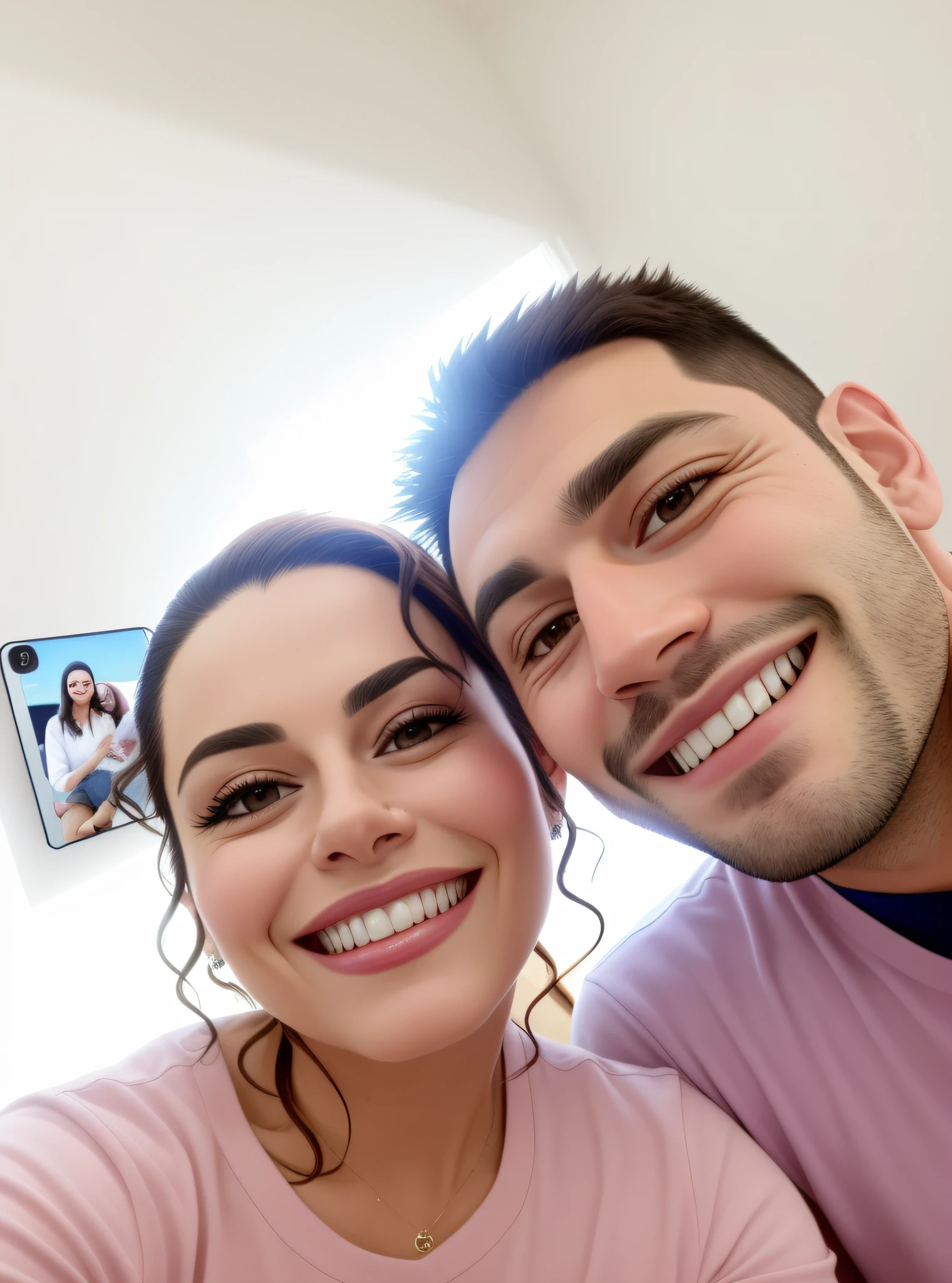 (realistic) (real life style)they are posing for a selfie in the room, passionate selfie, realistic photo, happy couple, profile picture, by Nándor Katona, profile picture, 8k selfie photography, both smiling for the camera, front photo, lovely couple, couple, selfie photo, alanis guillen, selfie!!!!!, iphone selfie, instagram selfie young man without beard kiss