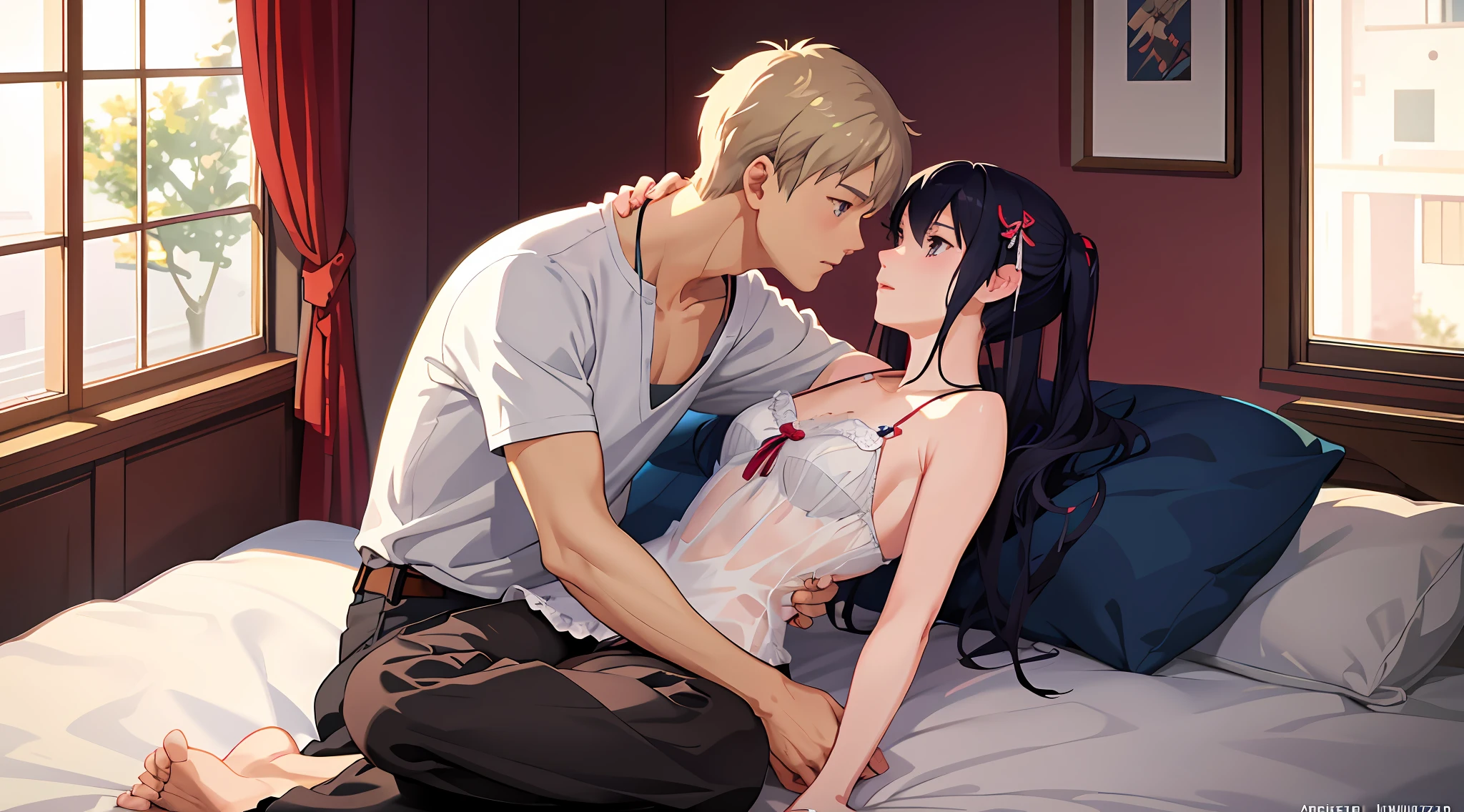 Anime couples kissing on bed in a room with windows and light, Yasui, Kissing Together cutely, Kavasi, Sakimican and Frank Franzeta, two anime dudes, Makoto Shinkai (Cain Kuga), high-quality fan art, Guvez style artwork, official fan art, Zero Zen art, Akihiko Inoue and Ross Tran best picture quality 4k 8k