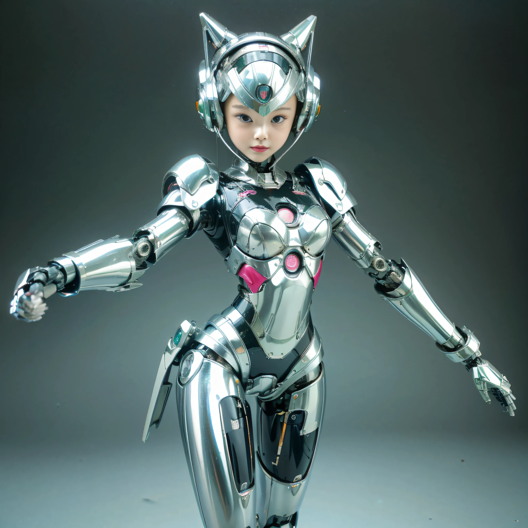 Very cute human 8 year old girl face, doll-like body with robot arms, robot waist and legs, very cute and feminine, short, petite, small, full hip, small bust, tight-fitting silver armor, cleavage, flat belly visible, helmet with antenna, robot joint, very stylish, black rubber bodysuit, masterpiece, highest quality, high-resolution, vaginal insertion --auto --s2