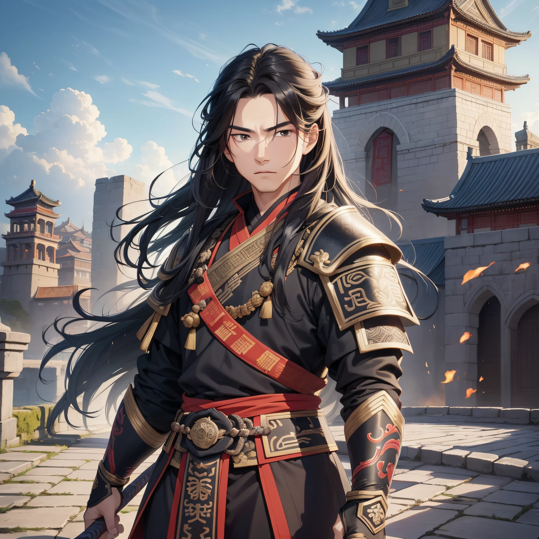 Absurd resolution, high resolution, (masterpiece: 1.4), hyperdetail, ancient Chinese, black long-haired young man standing on the city wall (1.3), serious expression 1.5, warrior in ancient Chinese armor, standing on the ancient city wall (1.3), dusk, fire (man 1.5) (action of wiping the sword with his hand 1.5)
