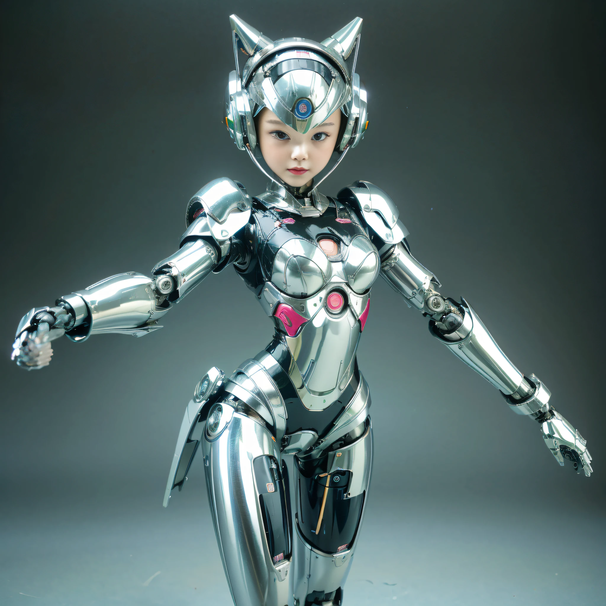 Very cute human 8 year old girl face, doll-like body with robot arms, robot waist and legs, very cute and feminine, short, petite, small, full hip, small bust, tight-fitting silver armor, cleavage, flat belly visible, helmet with antenna, robot joint, very stylish, black rubber bodysuit, masterpiece, highest quality, high-resolution, vaginal insertion --auto --s2