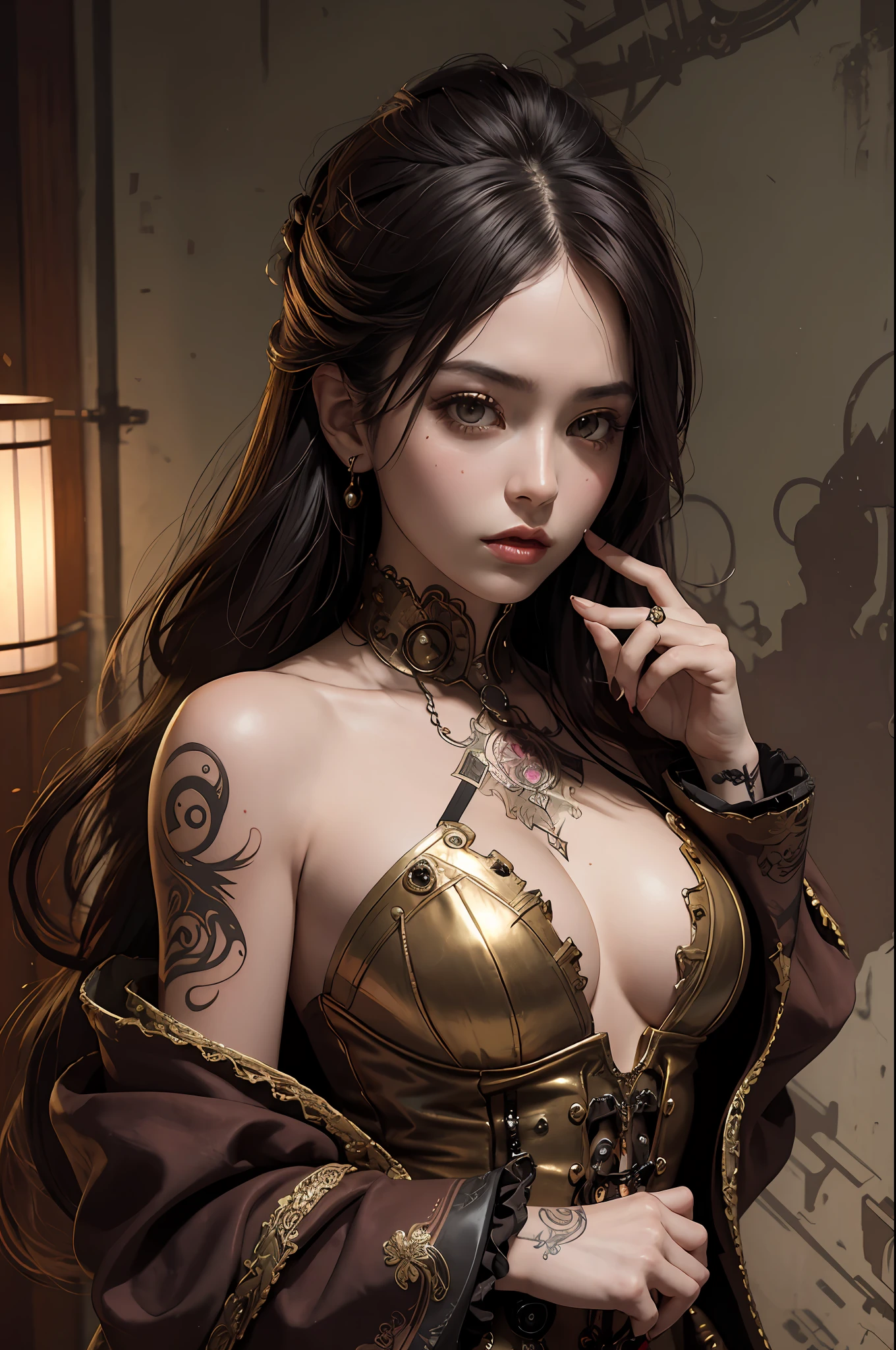 Official Art, Steampunk Style, Unity 8k Wallpaper, Super Detailed, Beautiful, Beautiful, Masterpiece, Top Quality, Too Classy, Unrivaled, Romanticism, Erotic, Contemplation, Emotional Depth, Supernatural, Nasty, 1 Girl, Full Body Japanese Tattoo, Full Body Piercing, Solo, Shot from Neck, Thigh Up