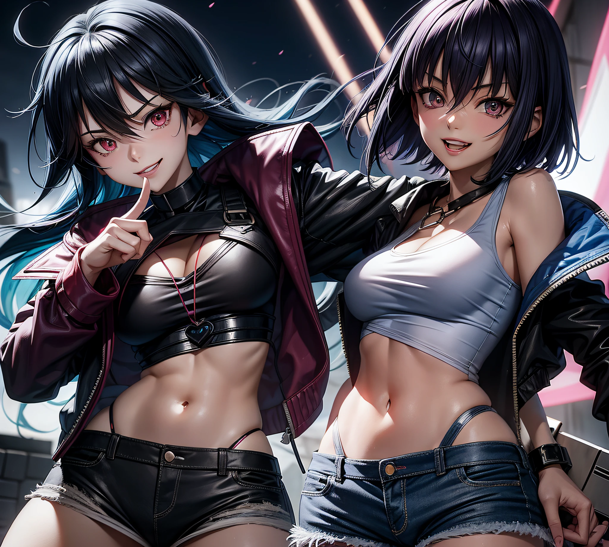 Ryuko Matoi, lock of blue hair, open pink coat, black top, black neck cord, short jean shorts, pink eye, holding a white plate, anime, 2d, cute, , sexy, wh woman, cute pose, smiling, happy