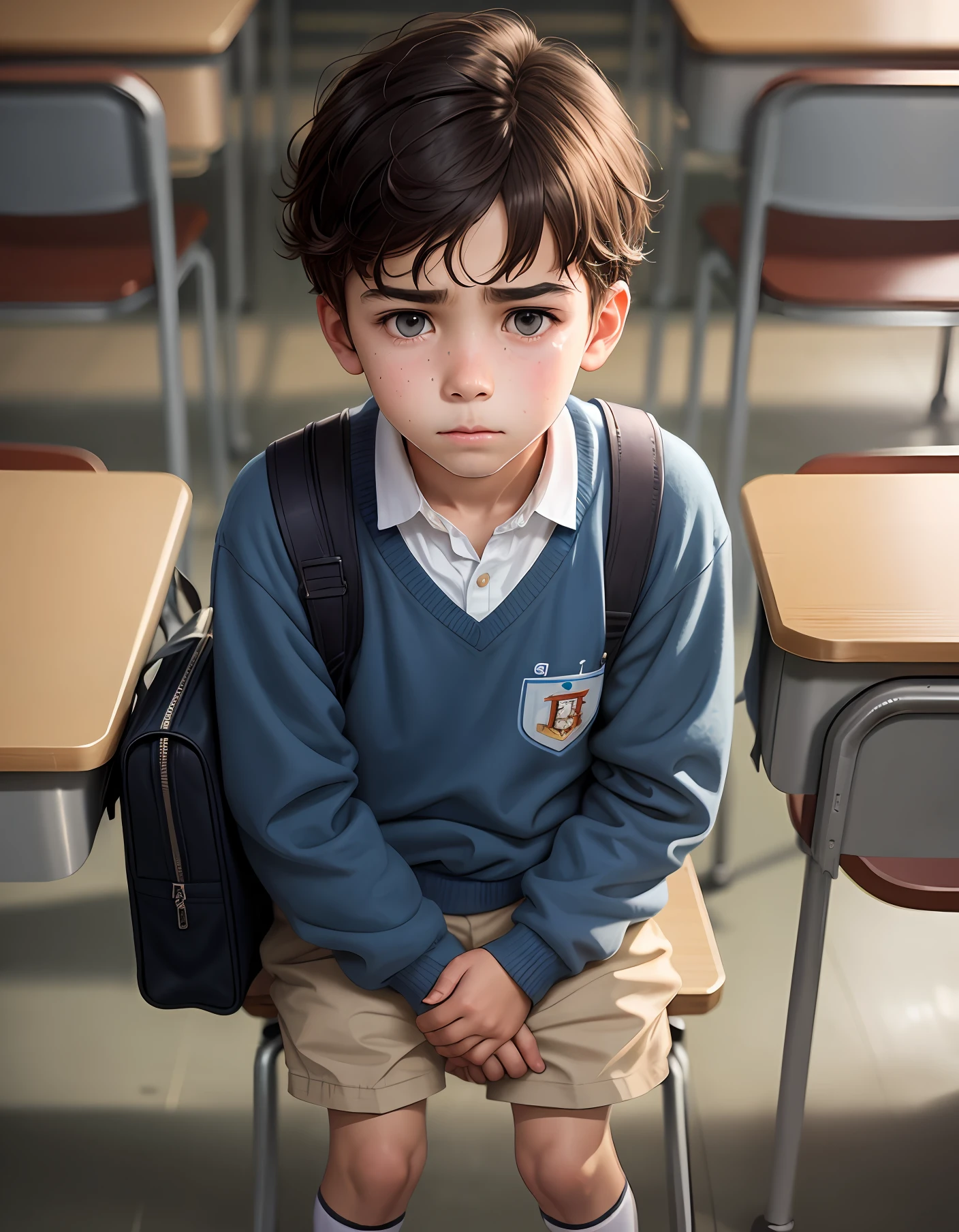 Boy with sad realistic appearance at school