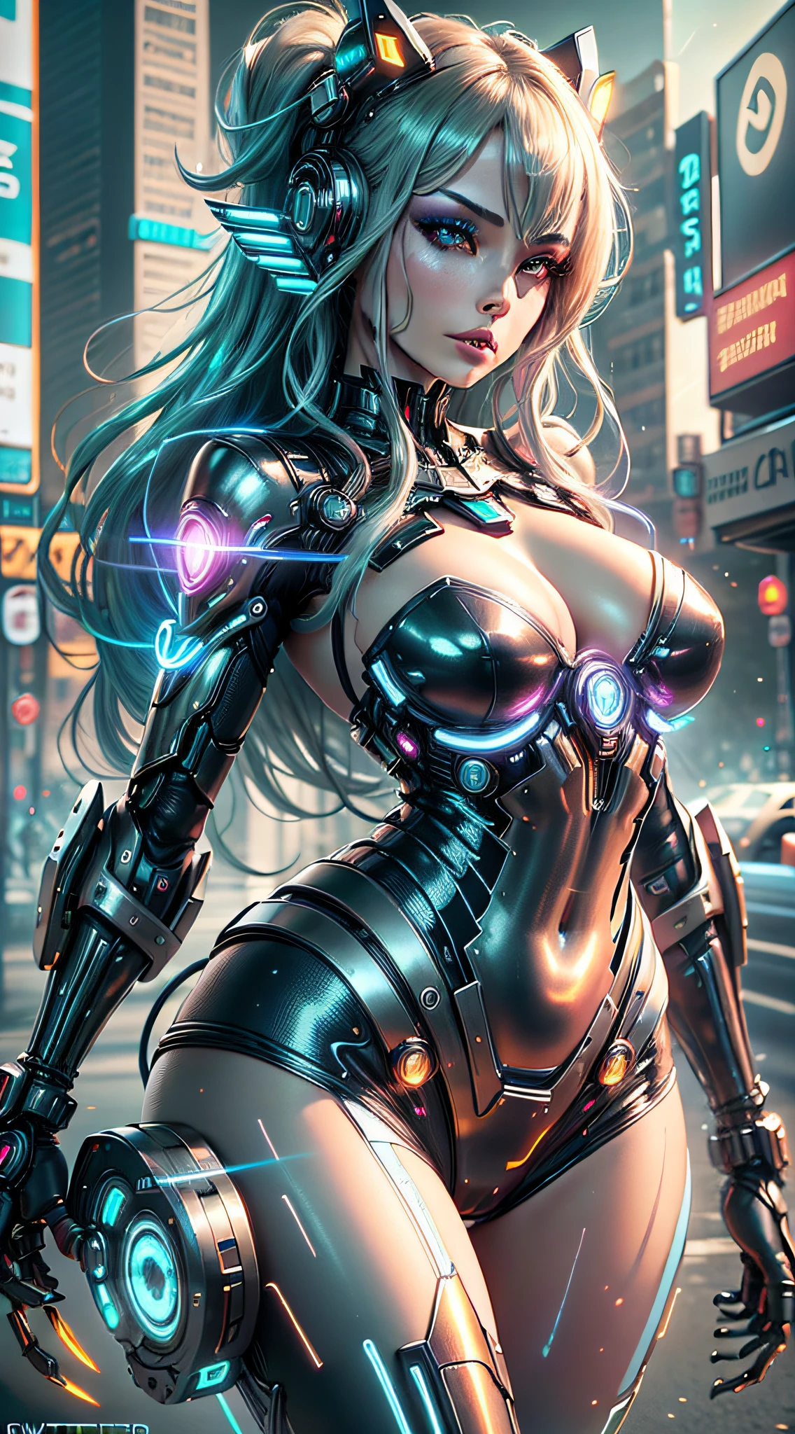 A cybernetic woman with electric eyes, burning metallic hair, iridescent skin with circuited patterns, nails sharp as claws, and a mysterious look. The neon light of the environment reflects on its metallic curves as it rises majestically over a futuristic landscape filled with glittering skyscrapers, bustling streets and flying vehicles. The city is illuminated by a starry sky and a full moon, which add a touch of cosmic charm. The cybernetic woman emanates an aura of power and mystery, evoking the sense of a technological and fascinating future. The image will be executed as a high-resolution photograph, capturing every detail of the cybernetic woman and the environment around her. The photographic style will emphasize neon lighting and metallic sheen, conveying a futuristic and technological atmosphere. The state-of-the-art camera will be used to capture the image, ensuring sharp detail and vibrant colors. --auto --s2