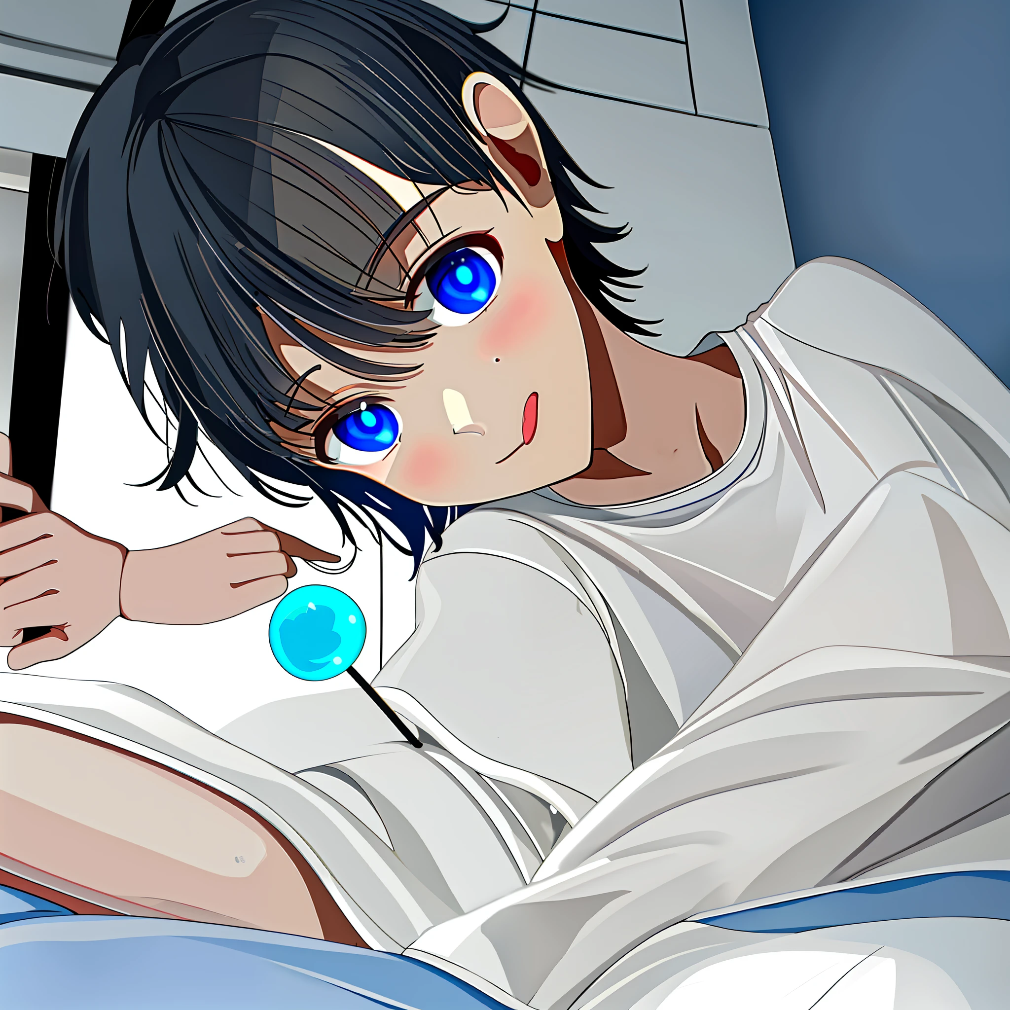 A boy, short hair, white half sleeves, white shorts, big watery blue eyes, cherry small mouthful, holding a lollipop, tongue licking lollipop, cute and cute, little Shota, indoors, bed in bedroom, black sky, moon stars in the sky, darker light, sitting on bed, closer, full body shot, medium shot, character facing the lens, straight to take photos, high image quality, two-dimensional, cute wind