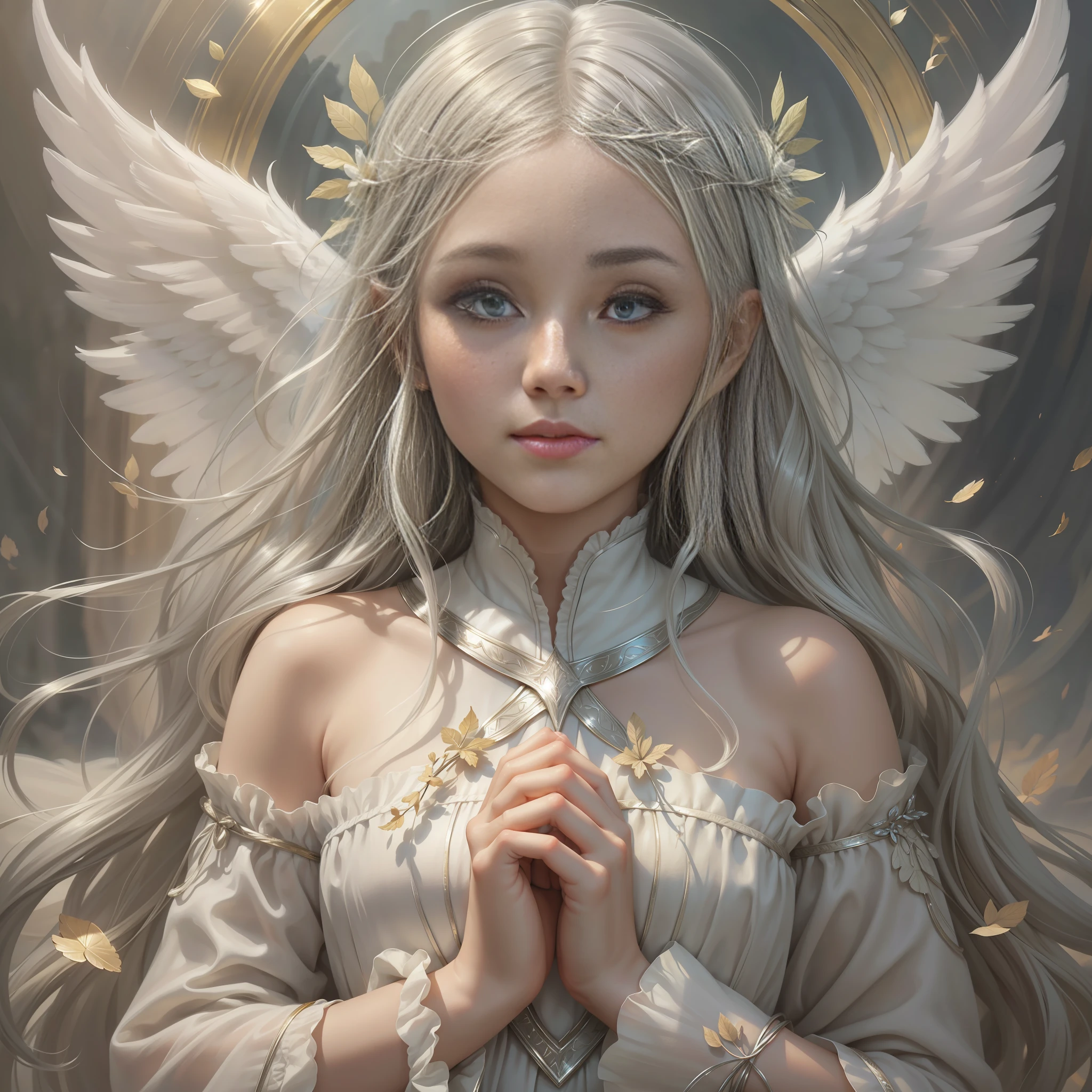 An ethereal and dreamy depiction of a beautiful Angel 6 years old, innocent, big hazel eyes full of life, silver hair girl, surrounded by a soft and gentle atmosphere that highlights his graceful and serene nature, halo, in the heaven, artstation, digital painting, trending
