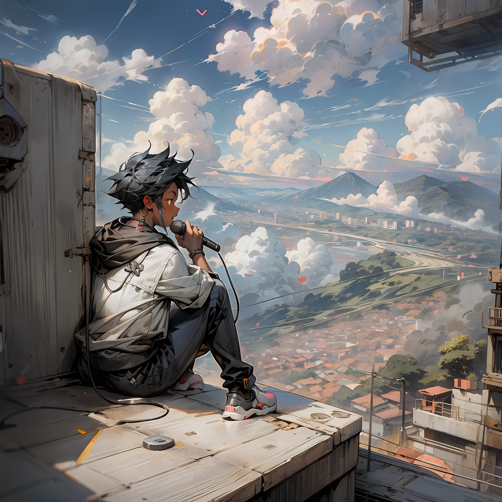 Black boy, with microphone in hand and roasts sitting in the clouds looking at the favela with heart in hand --auto --s2