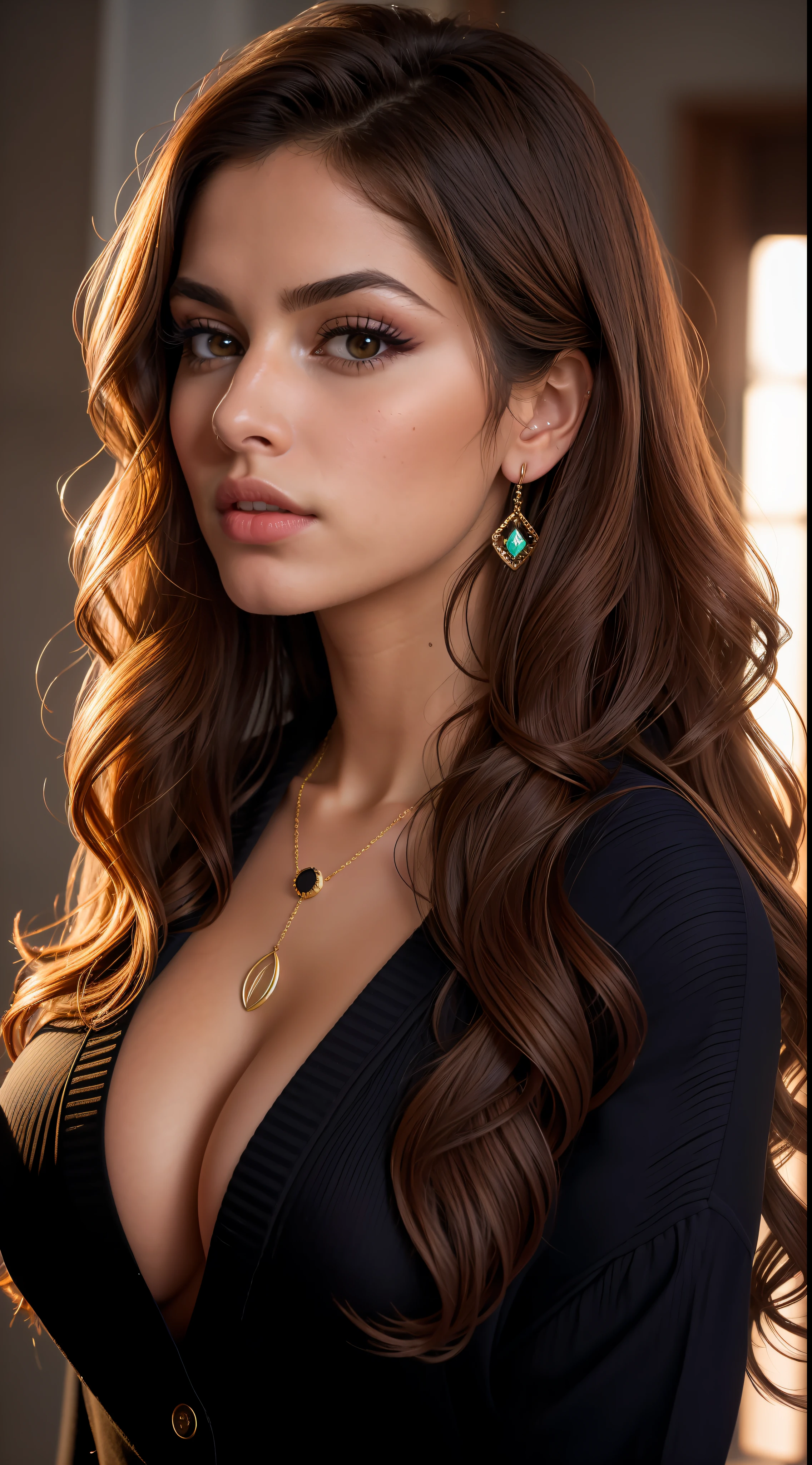 Eva Mendes with 23 years(, incredibly absurd long brown hair, ultra-detailed, CG, unit, wallpaper 8k), (masterpiece), (realistic), (photorealistic: 1.2), (raw photo: 1.2), (best quality: 1.2), (detailed face: 1.4), (beautiful detailed eyes: 1.2), (detailed hair), light on face, huge file size, cinematic lighting, 1 girl, sexy, nsfw, eyeliner, kawaii, student, long hair, brown hair,  ((wavy hair)), hair ornament, ((light blush)), ((soft under the eyes)), ((expressionless eyes)), blue eyes, ((large breasts)), fashi-g, red lips, makeup, shirtlift, ((black sweater dress)), black knees, high heels, jewelry, earrings, necklace, looking at the viewer, depth of field,