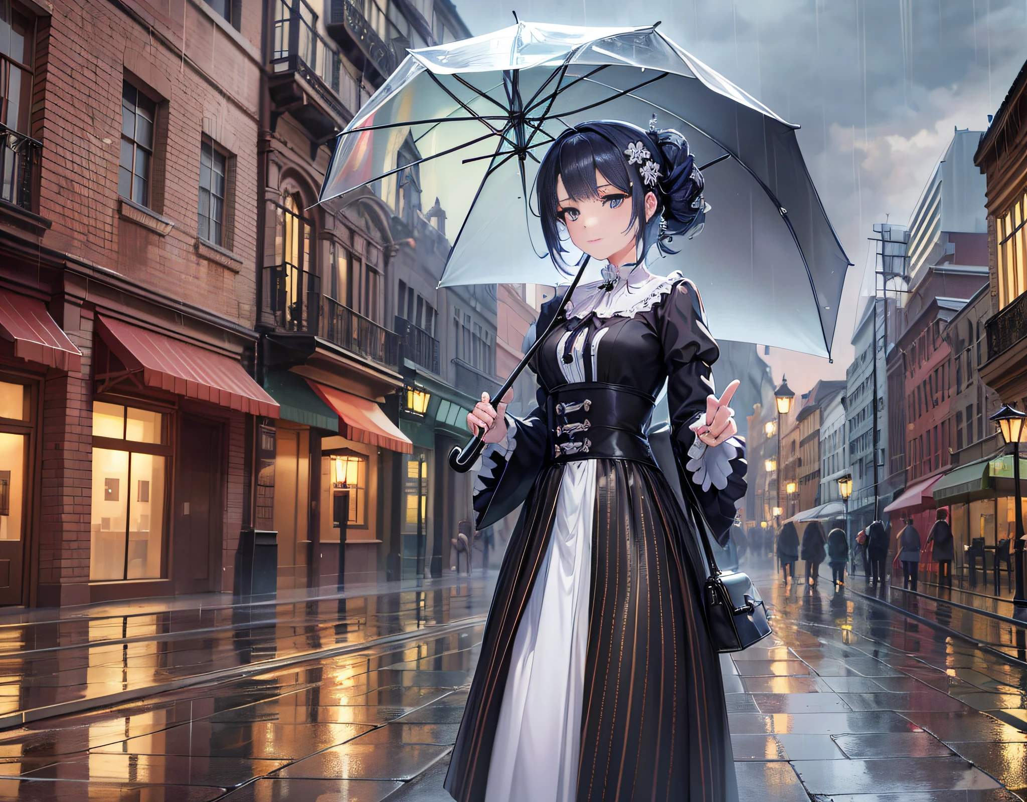 anime girl in a black and white dress holding an umbrella, artwork in the style of guweiz, guweiz on artstation pixiv, anime girl in a maid costume, guweiz on pixiv artstation, gothic maiden anime girl, rainy day. game render, anime girl wearing a black dress, smooth anime cg art, guweiz masterpiece