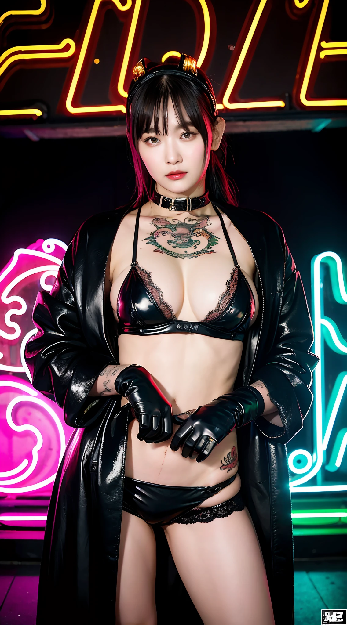 Dictator, big dragon tattoo, tattooed all over body, American football headgear, gas mask, lace robe, rooftop, huge background holding neon sign, leather gloves, boots, sword