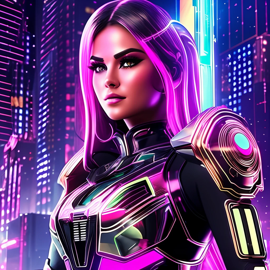 A cybernetic woman with electric eyes, burning metallic hair, iridescent skin with circuited patterns, nails sharp as claws, and a mysterious look. The neon light of the environment reflects on its metallic curves as it rises majestically over a futuristic landscape filled with glittering skyscrapers, bustling streets and flying vehicles. The city is illuminated by a starry sky and a full moon, which add a touch of cosmic charm. The cybernetic woman emanates an aura of power and mystery, evoking the sense of a technological and fascinating future. The image will be executed as a high-resolution photograph, capturing every detail of the cybernetic woman and the environment around her. The photographic style will emphasize neon lighting and metallic sheen, conveying a futuristic and technological atmosphere. The state-of-the-art camera will be used to capture the image, ensuring sharp detail and vibrant colors. --auto --s2