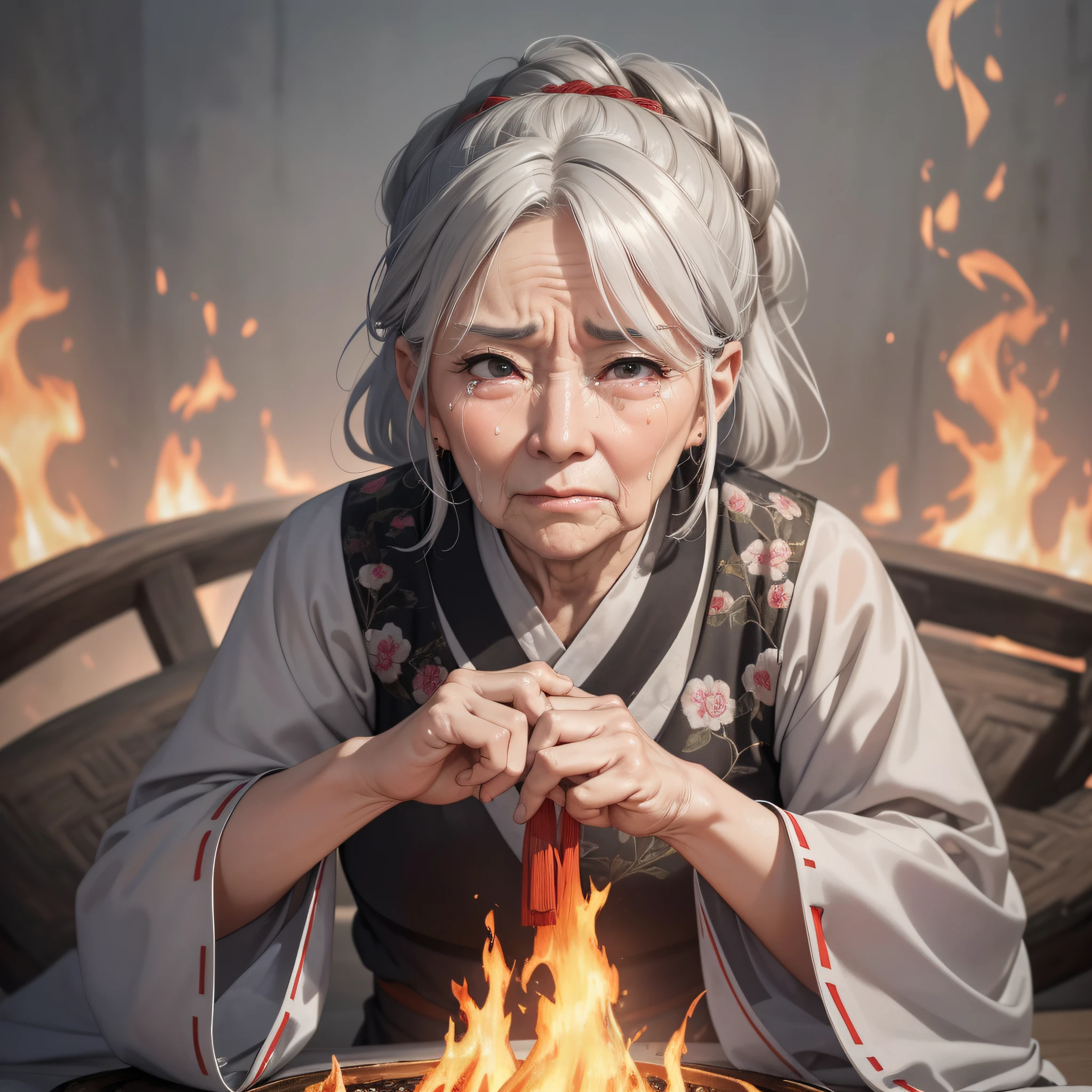 Absurd resolution, high resolution, (masterpiece: 1.4), hyper-detail, ancient Chinese, wrinkled gray-haired grandmother crying around the fire (1.3) (background is a fire as tall as a person 1.5), (tears 1.3) (serious sadness 1.2), wearing shabby Chinese Hanfu 1.3 (upper body display 1.5)