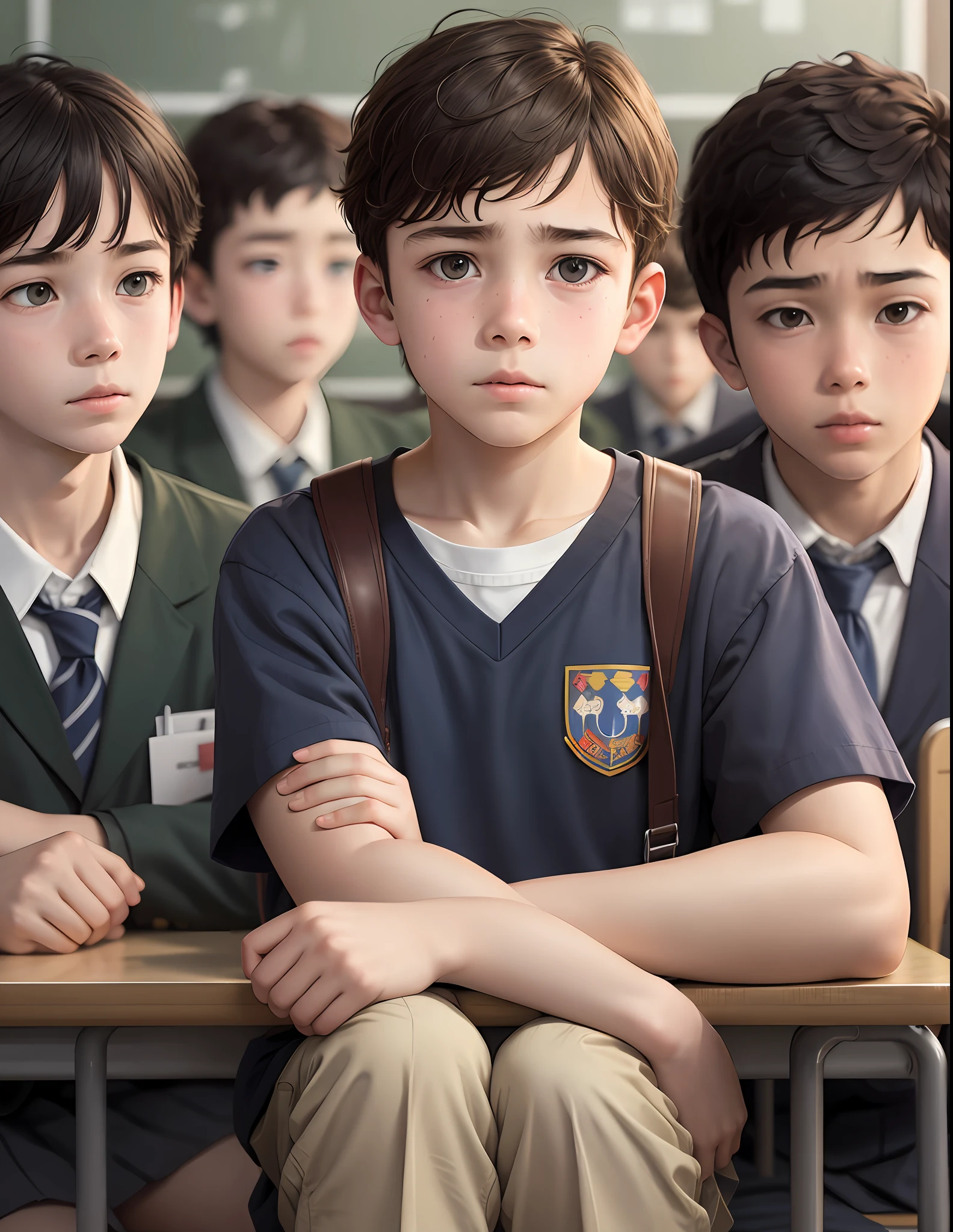 Sad realistic-looking boy at school with classmates around