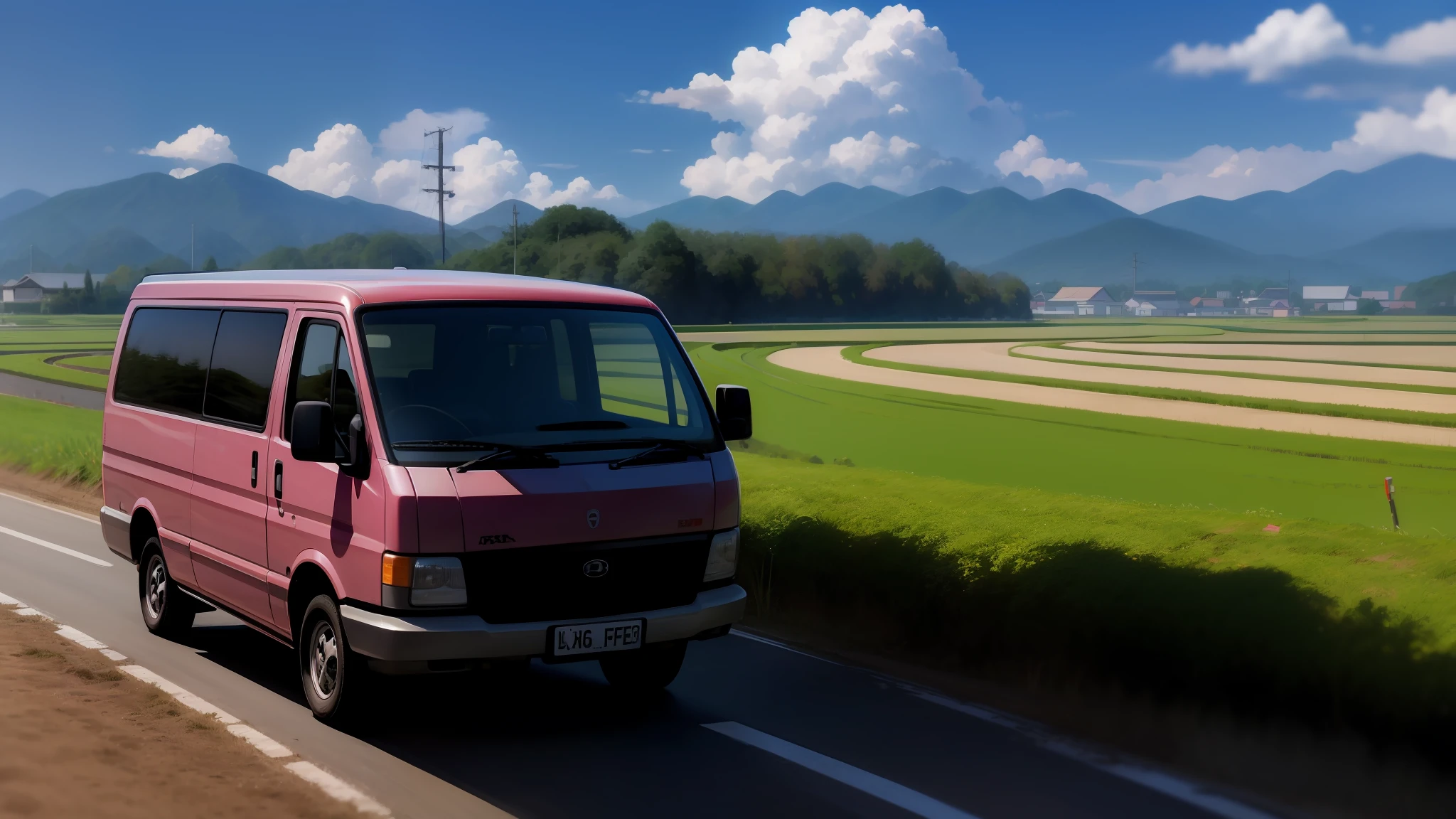 1vehicle, colorful pink Van, anime decals, female driver silhouette. driving through japanese farmland, scenic background, green rice fields, (masterpiece:1.2), (best quality:1.3)