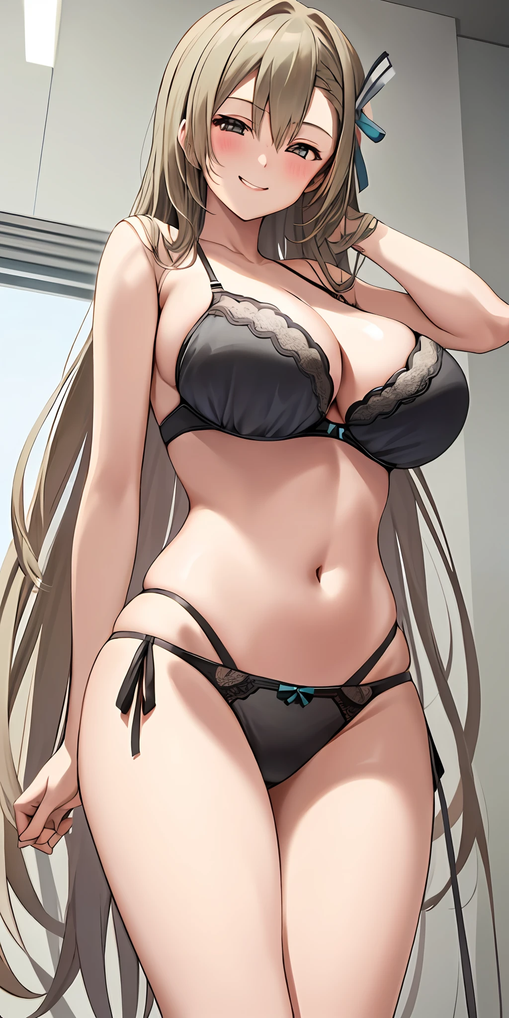 1girl, solo, asuna, long hair, large breasts, cleavage, (black bra, panties), thighs, smiling, standing, (blushing:1.3), (from below view)