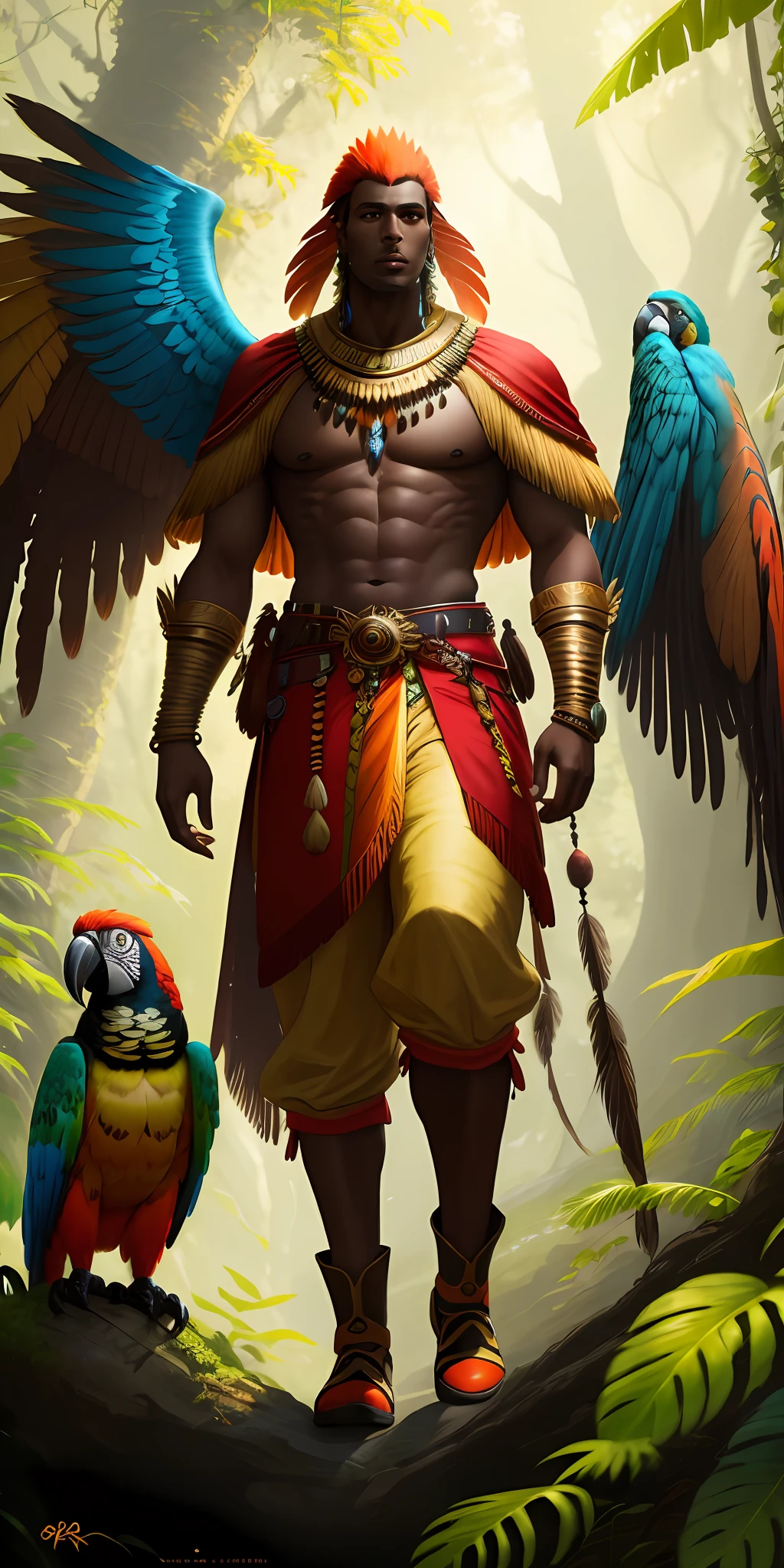 Humanoid character, brown skin, parrot macaw wings, and human body, tall body and covered with feathers, river forest scenery, bright colors, 8k quality, cinematic focus, trend in artstation