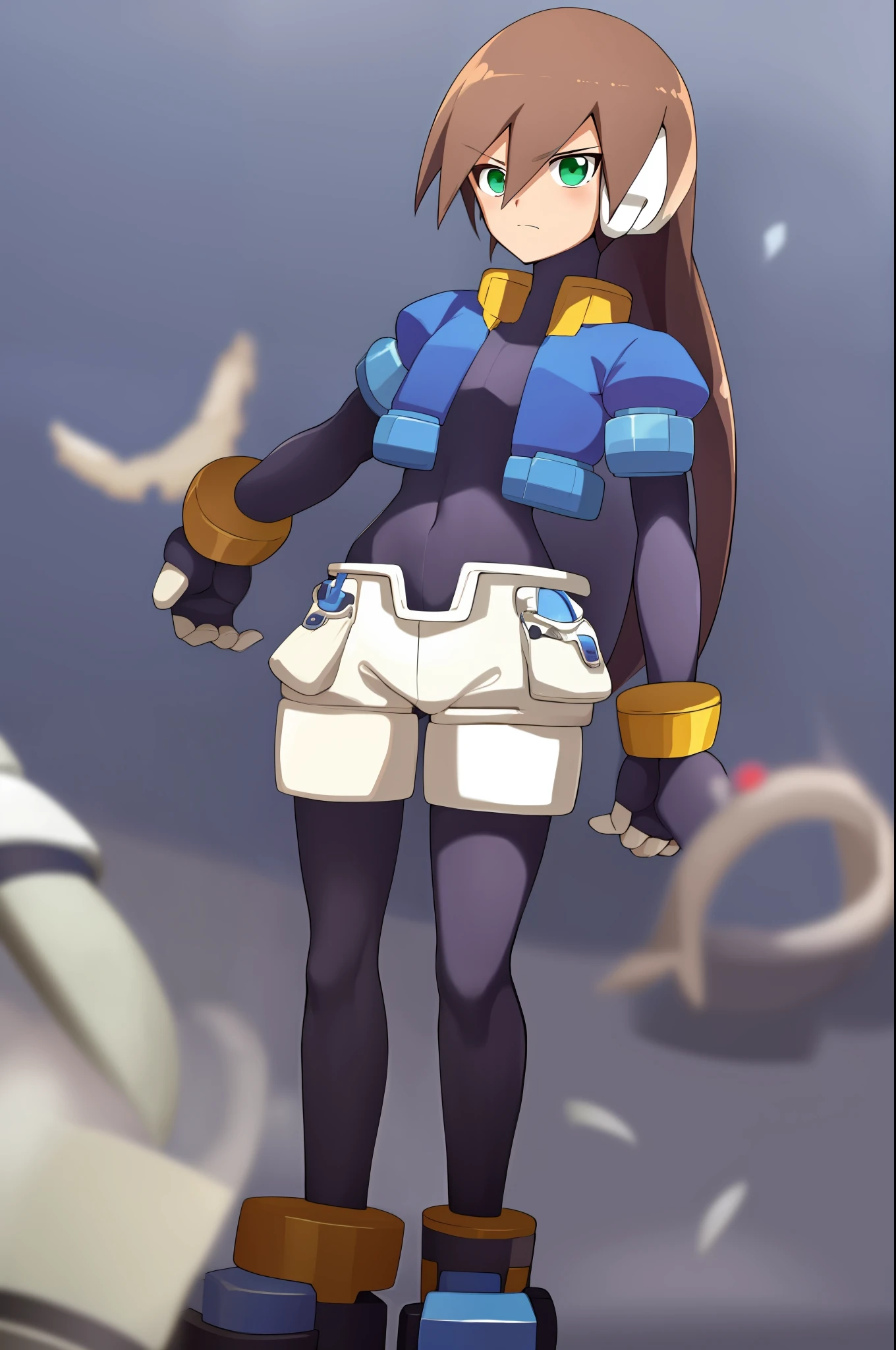 aile_megamanzx, Lifted, 1girl, solo, long hair, brown hair, short sleeves, body, robot ears, green eyes, shorts, short sleeves, short sleeves over long sleeves, Push Sad, masterpiece, high quality, Adult version, has a tail holding her hair, open jacket,