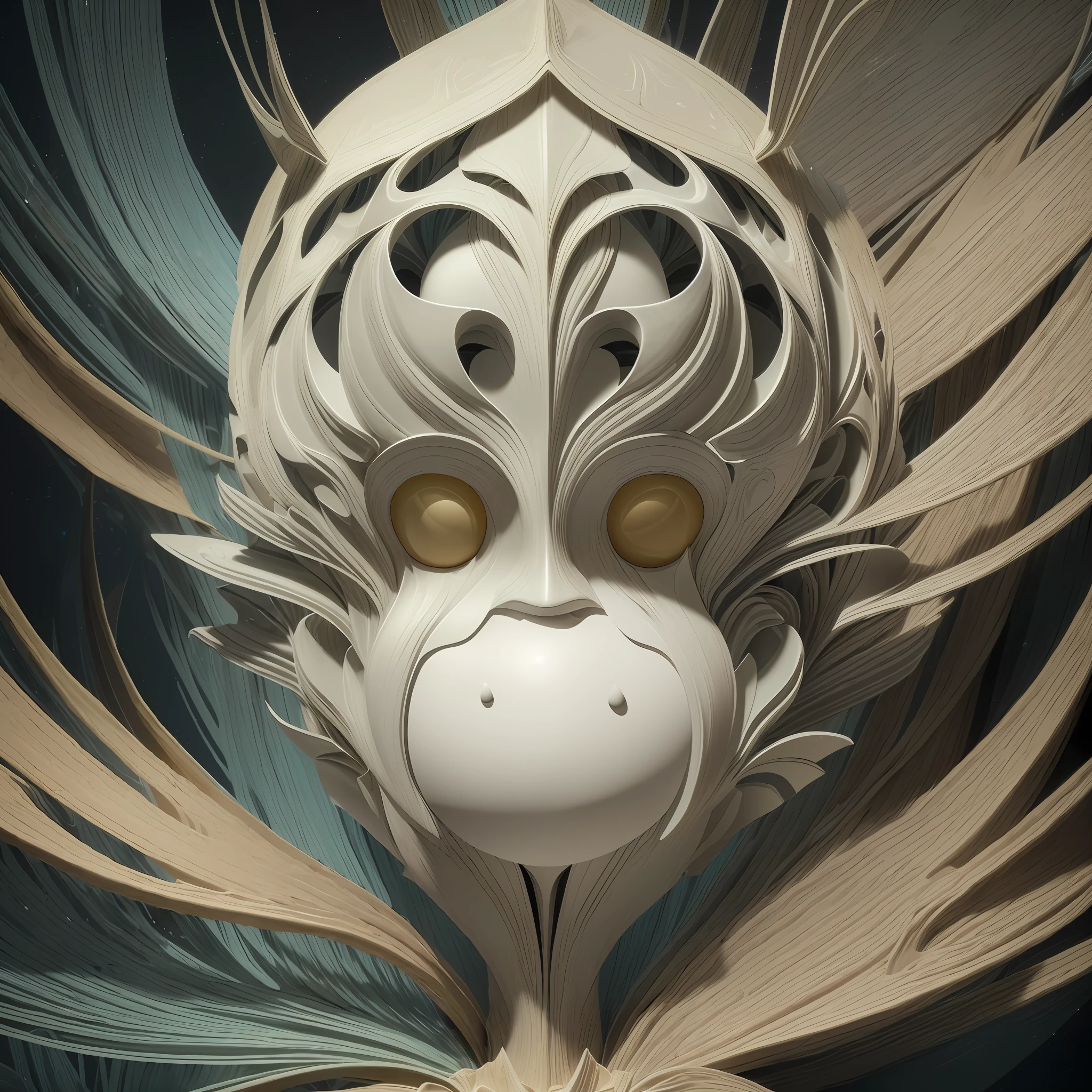 (sculpture hyperrealistic photorrealistic: 1.5), (DMT aura of kittybot shaman with a transparent helmet with a protruding brain: 1.4), (metal wings: 1.2), (kitsune futuristic mask: 1.2), (cyberpop kawaii fractal art: 1.6), (Tobias Gremmler art style of fluid and dynamic forms: 1.6), (organic-geometric mixture: 1.6), (the shaman's head reflects happiness as a state of mind and the mind in surreal ways:  1.2), (mask creates motion and warping in light: 1.3), (ultra-high resolution: 1.4), (ray tracing illumination: 1.4), (subsurface scattering skin: 1.2), (particle effects: 1.4), (depth of field: 1.4), (geometric-dotist abstraction: 1.6), (generative fluid fractal algorithm: 1.6).