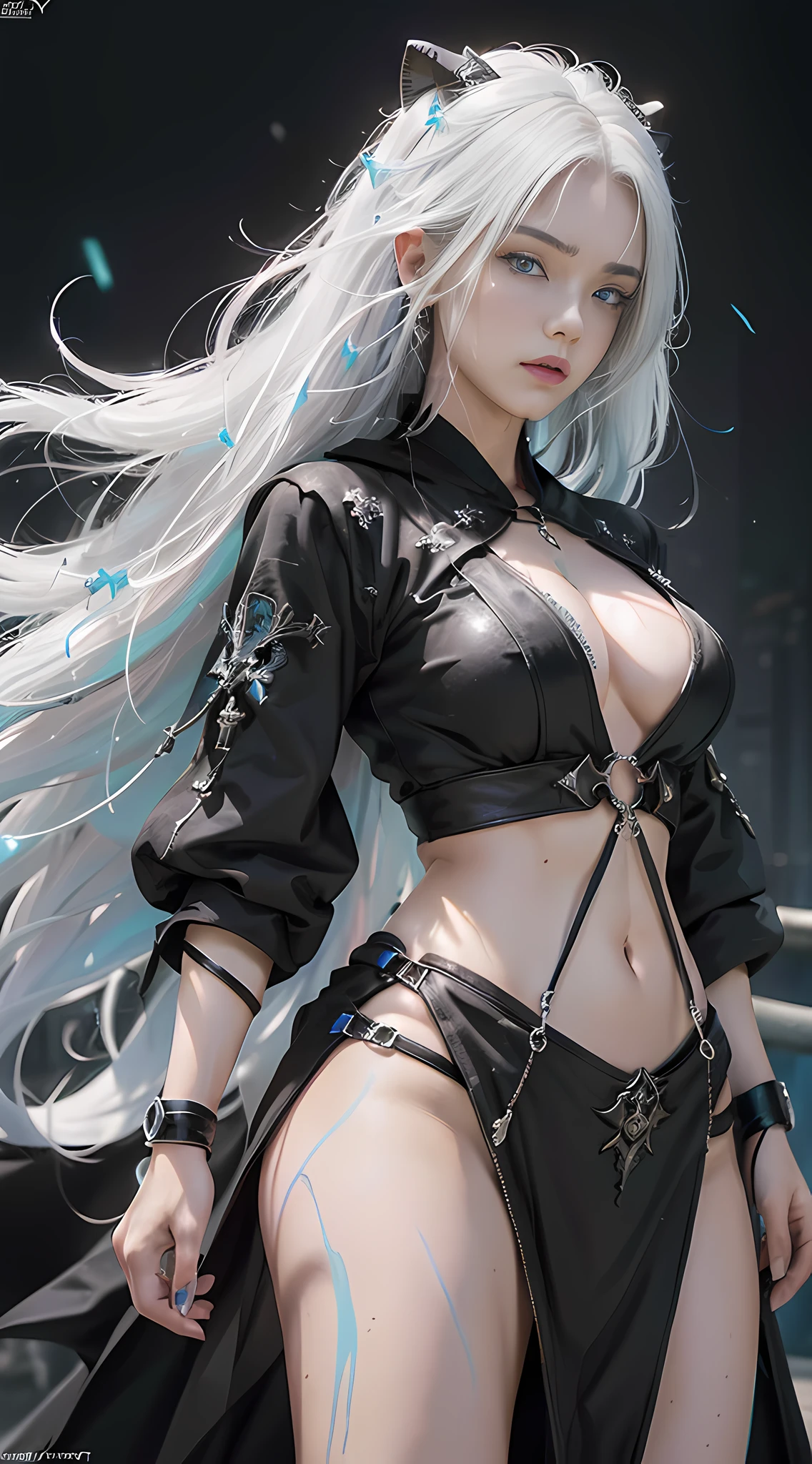 cyberpunk girl, fantasy world, dark background, clean design, epic Instagram, artstation, colorful paint splash, silhouette, ultra-detailed intricate details, Unreal engine, fantasy, complex details, splash screen, complementary colors, fantasy concept art, 8k resolution, deviantart masterpiece, oil painting, heavy stroke, paint dripping, (isolated on white background: 1.3), rainbow skin, (((handsome young man))), (( teenage:1.5)), (glowing blue eyes), ((eyes with light)),(((long white hair:1.1)))), ((black)), (princess \\(indifferent expression\\), (((wearing high-detail and diverse luxury black robes))), white hair, (abs) (large pectoral muscles)