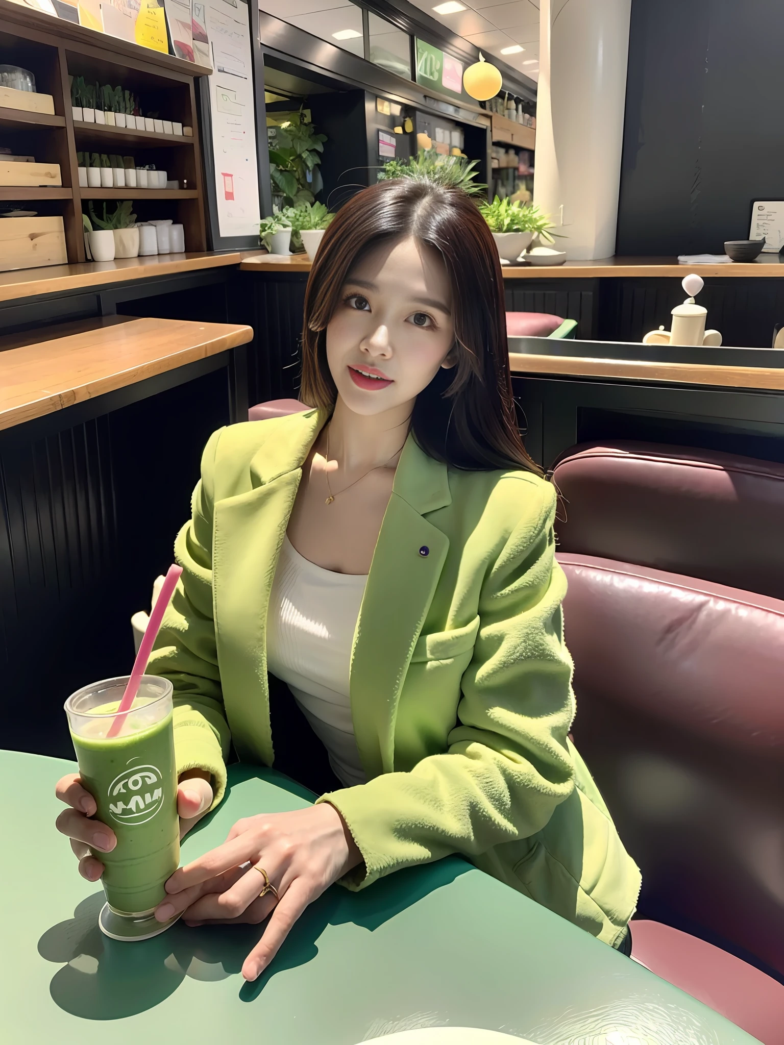 Woman sitting at table holding cup of matcha smoothie, pale blue Chanel collarless jacket, Mayumi Wakamura, adult woman, sexual expression, Matcha with loptin, tsuyu from twice, drink, 🍸🍋