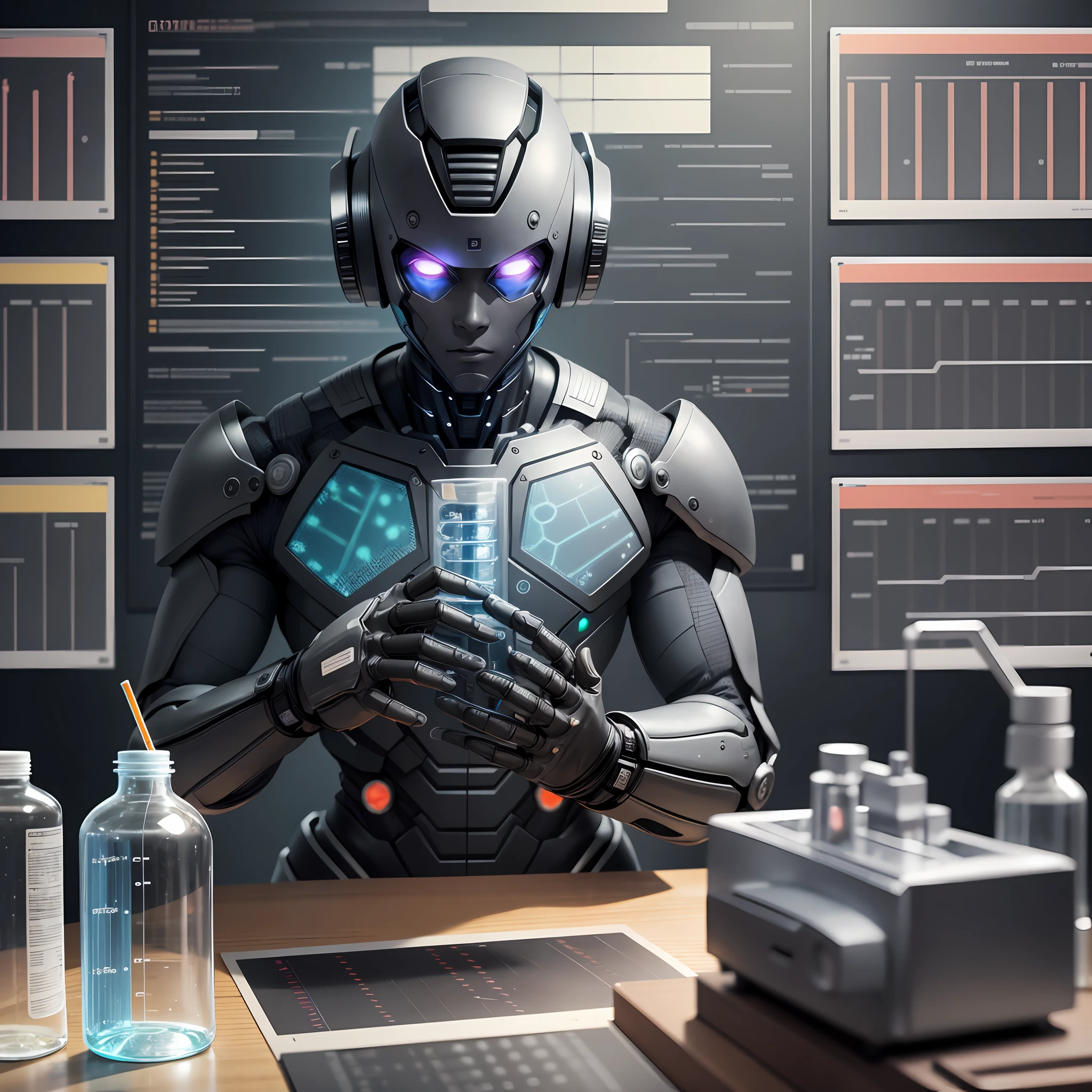 A humanoid black robot in a biotechnology lab doing some experiments by holding test tubes in his hands, microscope on the table, charts on wall showing DNA structures and protein structures --auto --s2
