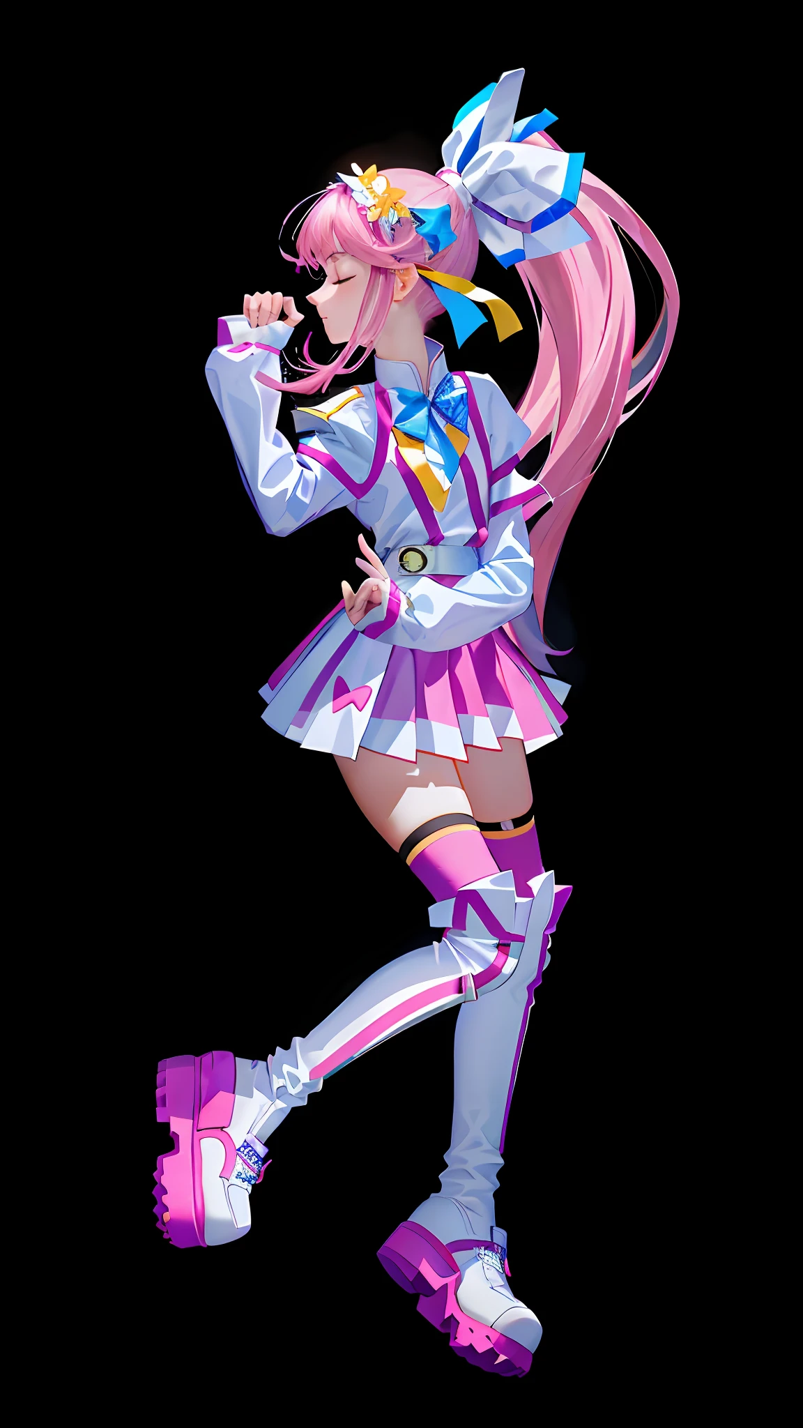 (Masterpiece: 1.5), (Best quality: 1.5), 8k,1 girl, eyes closed, mouth closed, pink hair, single ponytail, white top, pink pleated skirt, pink over-the-knee socks, white long boots, (no background: 1.5), slim legs, cat's claw gesture,