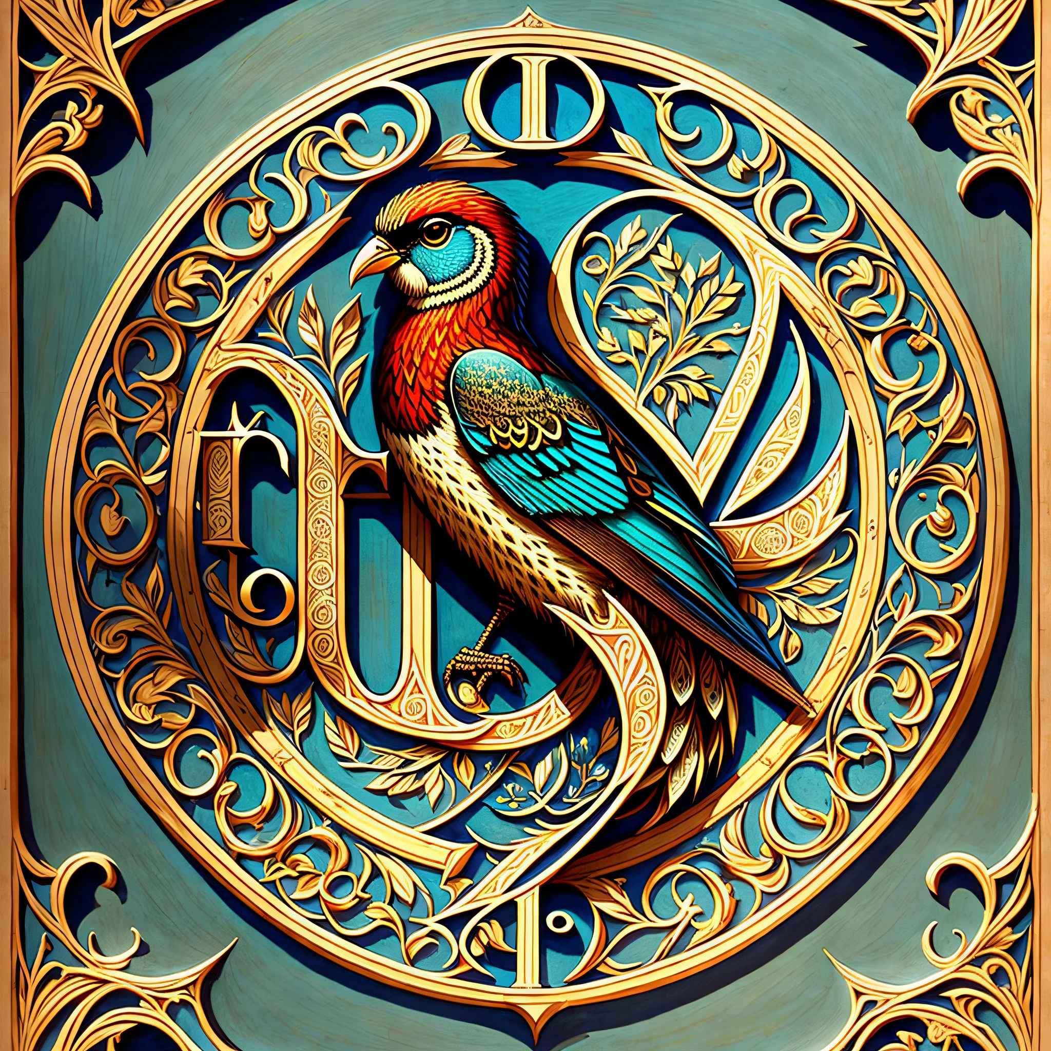 ((use the letter E as a base)), illuminated letter, made of various birds, hyper detailed, rich colors, intricate, beautiful, norman style