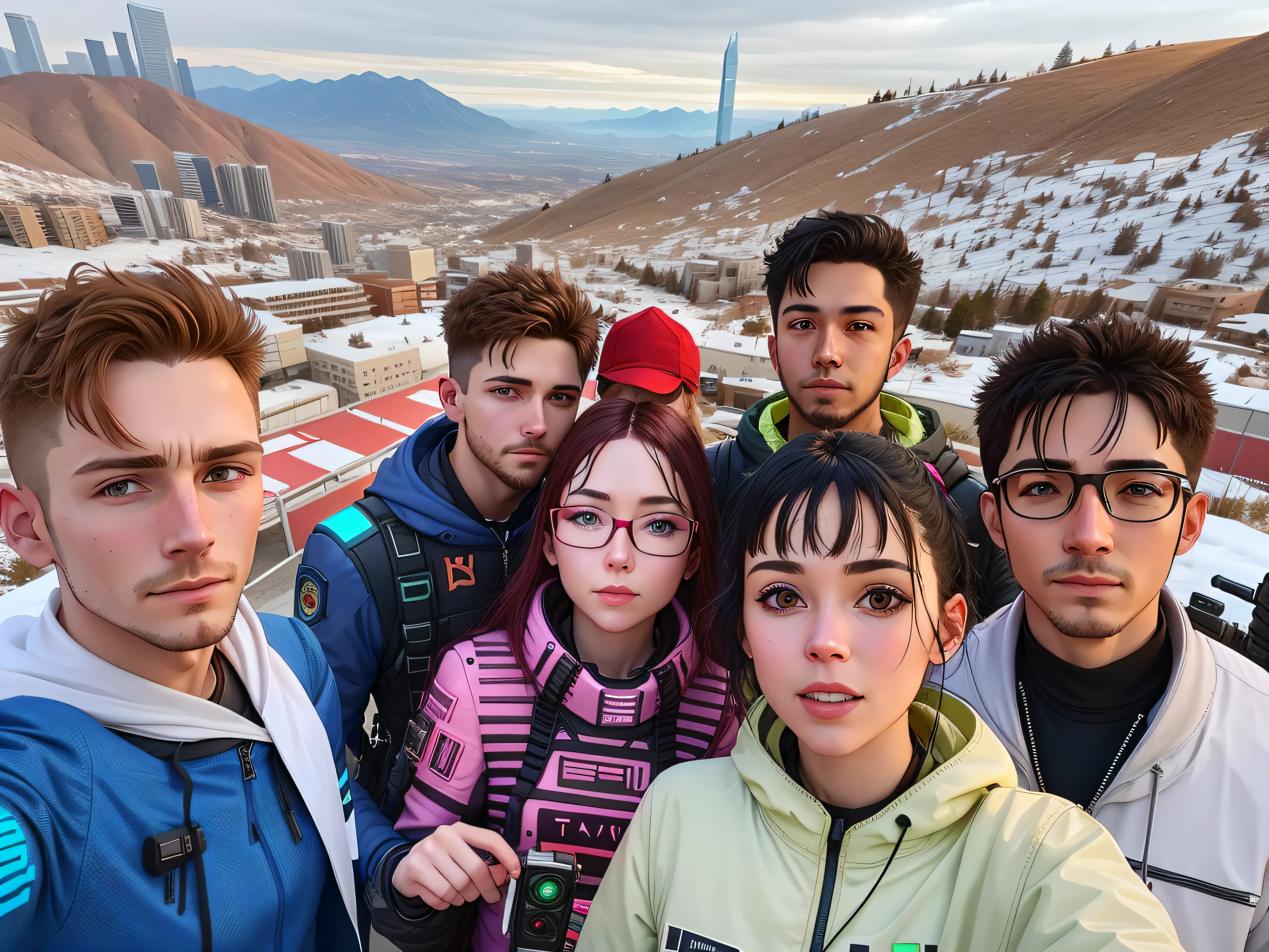 There are a lot of people standing together on the hill, 8K selfie photos, cyberpunk, futuristic cities