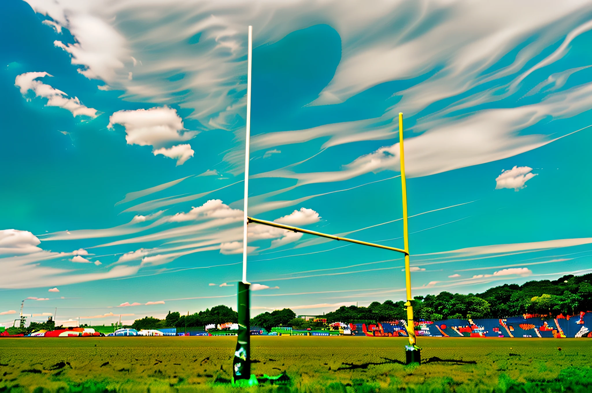there is a football goal post in the middle of a field, view from the ground, ground view, view from ground, ground view shot, low angle wide shot, interrupting the big game, beginner, picture taken from the ground, sports setting, by Torii Kiyomoto, a green, photo taken from the ground, viewed from the ground