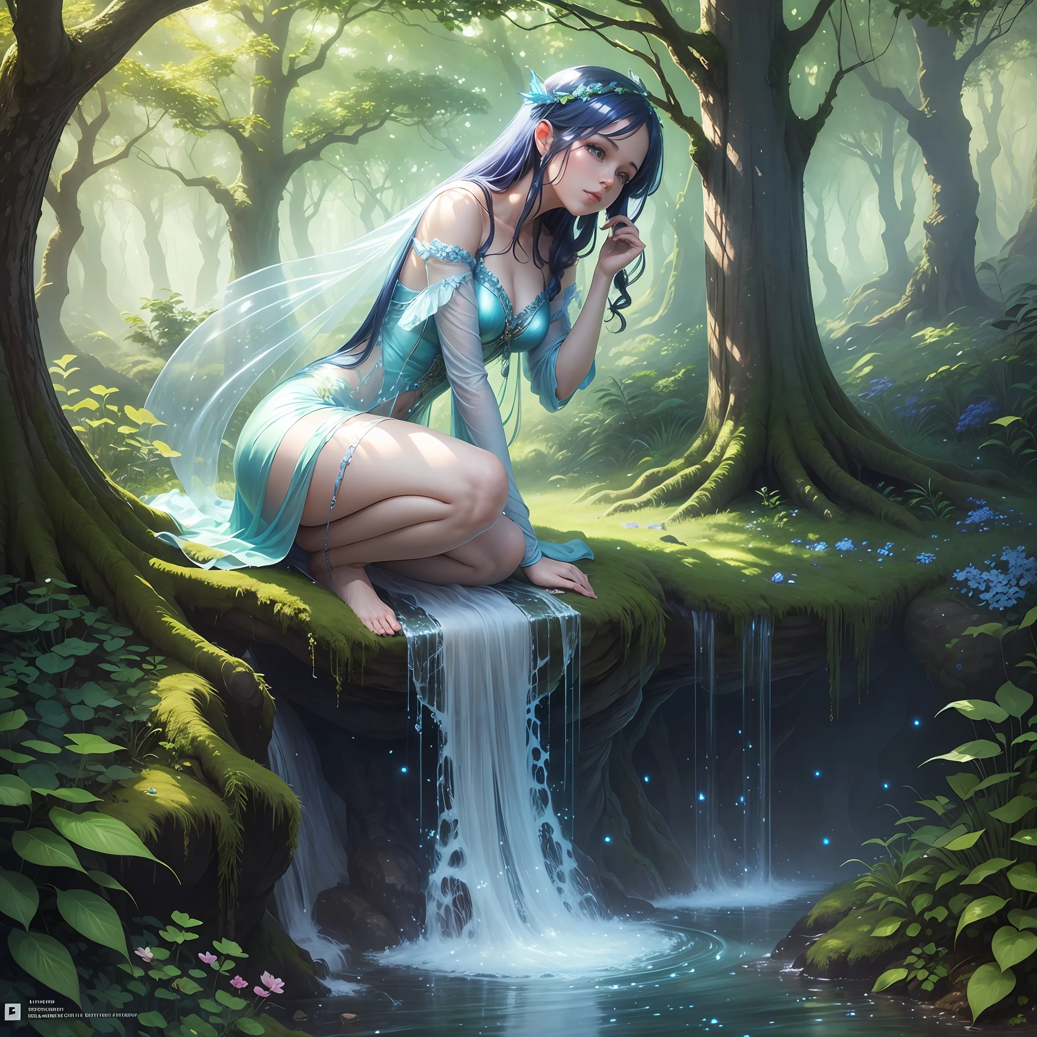 A magical and lush forest where the blue fairy finds her home. The majestic trees, the soft light filtering through the leaves and the friendly animals add a dazzling beauty and serenity to the scene --auto --s2