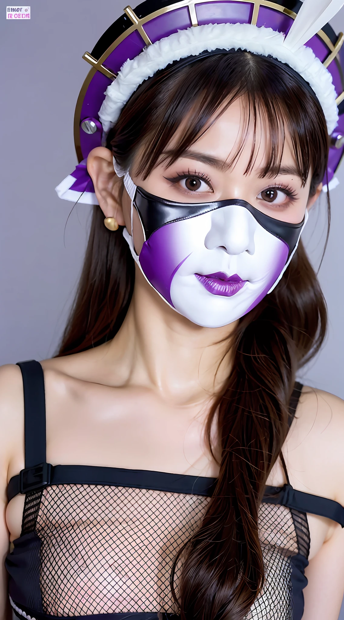 Kabuki makeup, dictator and audience, big, madness, American football helmet, face guard, purple face paint, mask, fishnet stockings, thousand chrysanthemum flowers on background