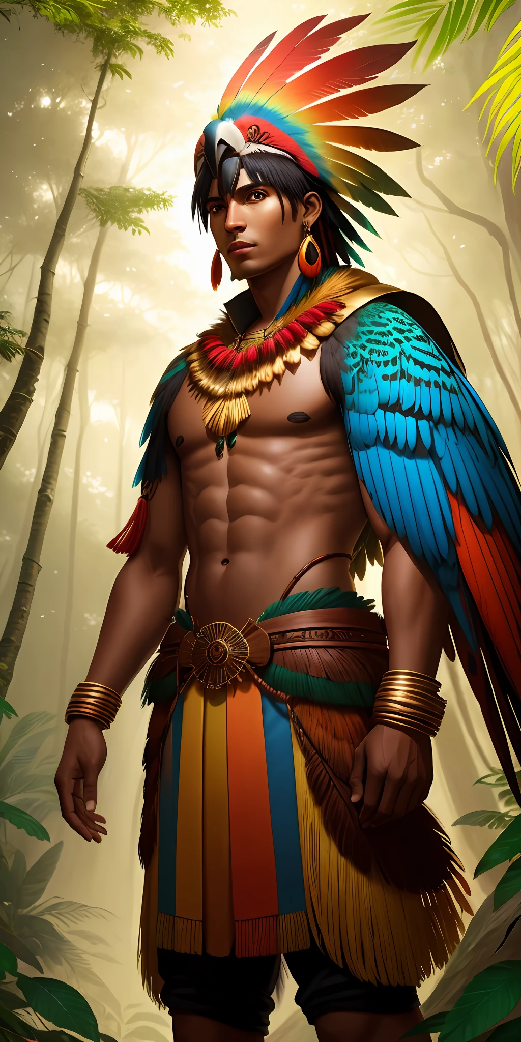 Humanoid character, brown skin, Tupi Guarani amulets, parrot macaw wings, and human body, tall body and covered with feathers, forest scenery by the dol, bright colors, 8k quality, cinematic focus, trend in artstation