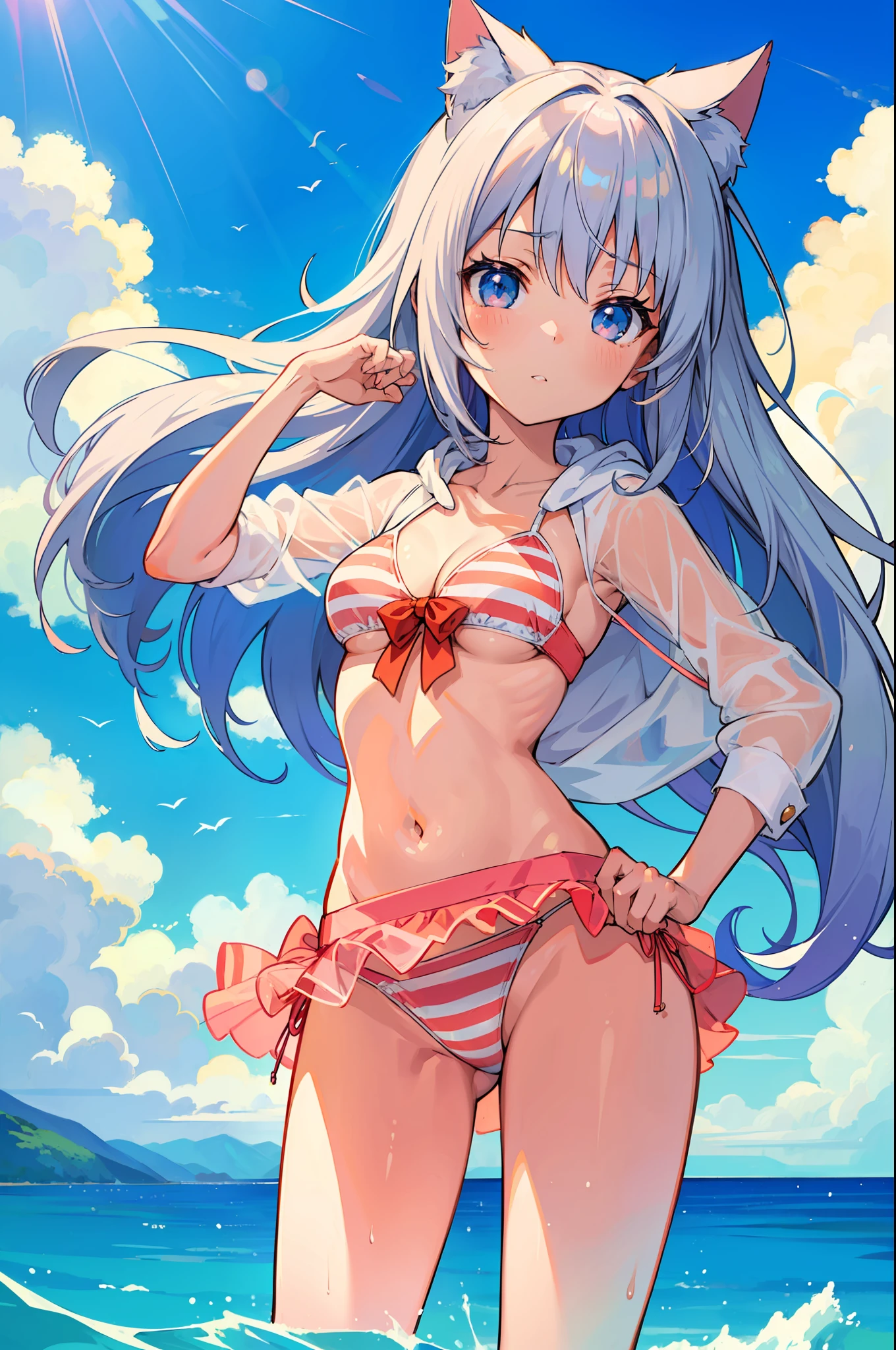 (Masterpiece), (Top Quality Anime Illustration), (Super Definition), One Girl, Solo, Beautiful Girl with Silver Hair, Anime Loli, Cat Ear Loli, Petite, Cleavage Emphasis, Underboob, Thigh Emphasis, White and Peach Striped Bikini, White See-Through Hoodie, South Island Sea, Water