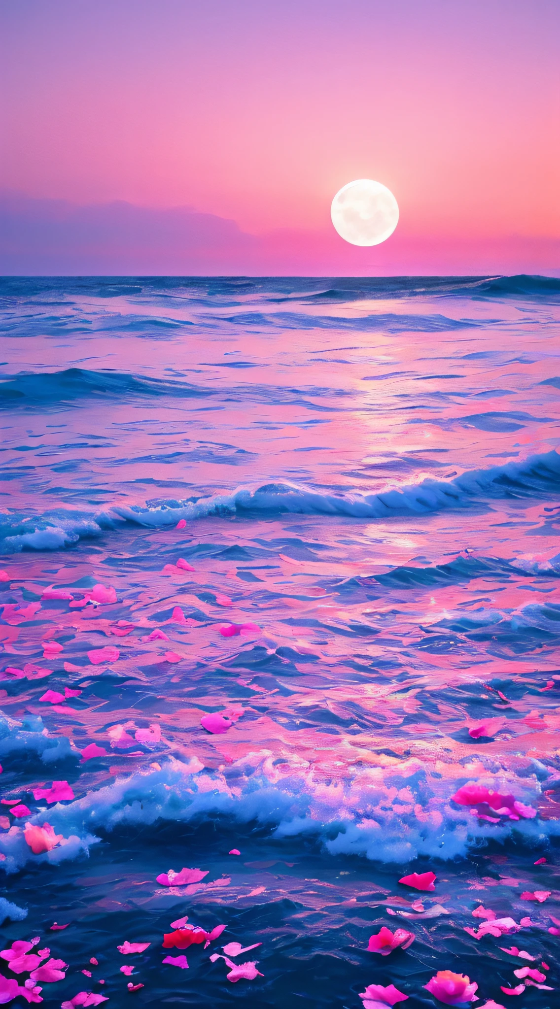 Pink moon, pink sky, soft pink clouds, pink ocean waves sparkling, sparkling, pink roses on pink ocean, fantasy, diamond, crown, universe, soft lights,