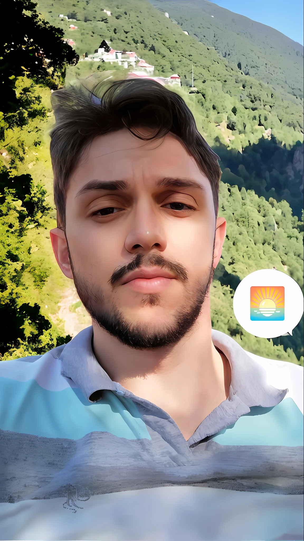 there is a man taking a selfie with a cell phone, telegram sticker, portait photo profile picture, aykut aydogdu, professional profile picture, instagram story, with instagram filters, snapchat photo, 8k selfie photograph, instagram filter, with sunset, face with artgram, with mountains in the background, with mountains as background, headshot profile picture, instagram picture