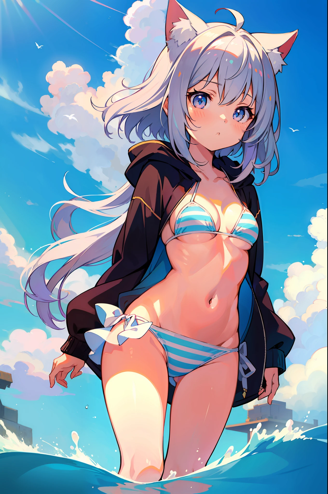 (Masterpiece), (Top Quality Anime Illustration), (Super Definition), One Girl, Solo, Beautiful Girl with Silver Hair, Anime , Cat Ear Lolitite, Cleavage Emphasis, Underboob, Thigh Emphasis, White and Peach Striped Bikini, White See-Through Hoodie, South Island Sea, Water