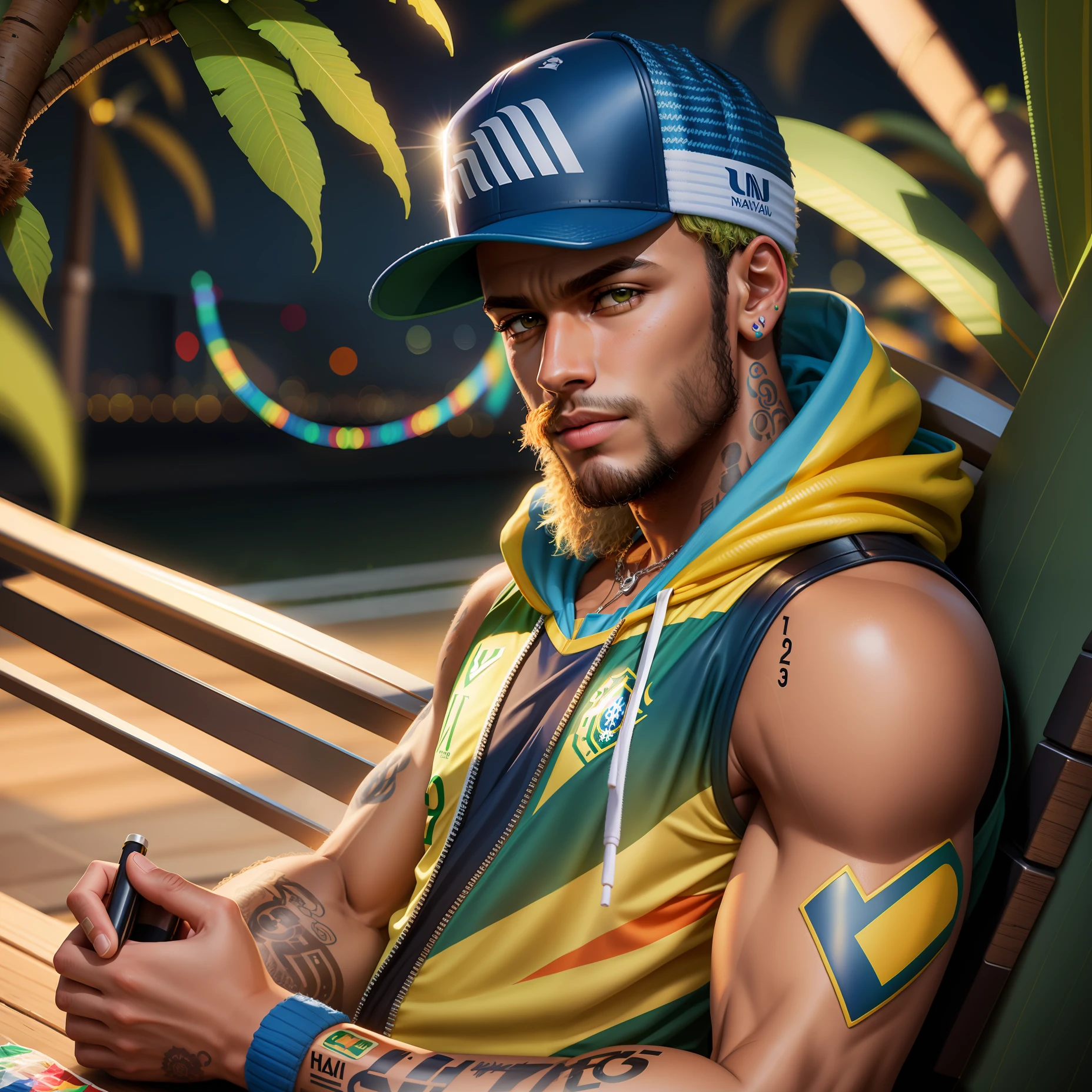Neymar sitting, ultra realistic Brazil shirt looking at the camera