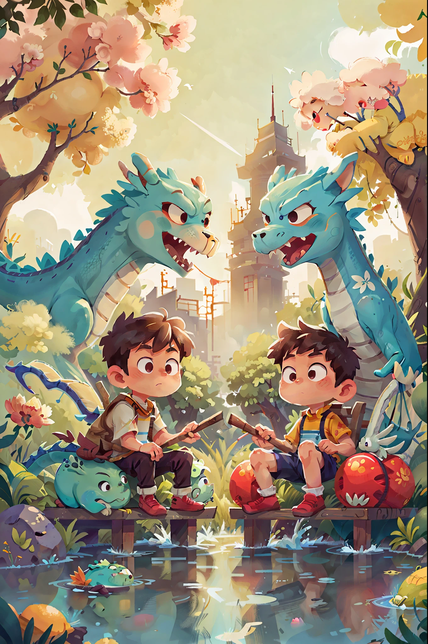 (SFW) poster design, two rowing boys, Chinese dragon, spring tour, Chinese street river in background, perfect quality, clear focus, full color, perfect face shape, intricate details, ultra-low viewing angle, wide angle lens.
