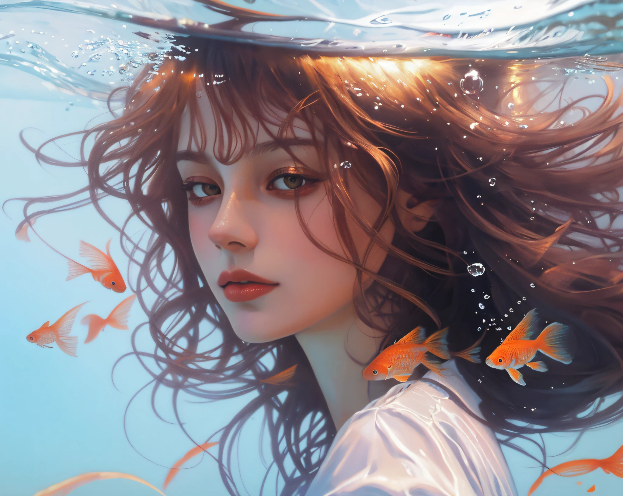 there is a woman that is swimming in the water with goldfish, karol bak uhd, beautiful digital artwork, stunning digital illustration, beautiful digital illustration, karol bak and peter mohrbacher, by Simon Ushakov, exquisite digital illustration, valentina remenar, moebius + loish + wlop, a beautiful artwork illustration, by Alexander Kucharsky