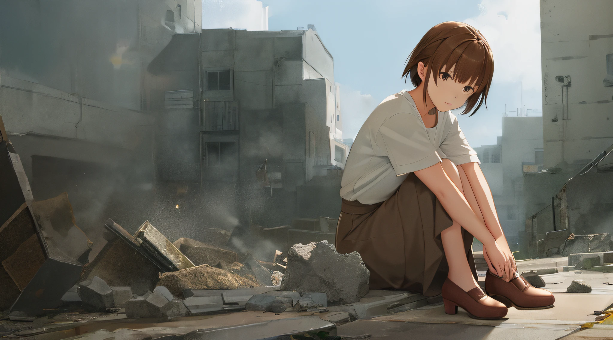 Detailed and perfect anime style illustration, brown short hair, very cute young woman, perfect round eyes, female focus, solo, wearing gray shirt, wearing a gray very long skirt. Sitting on the ground with his knees in his hands, very sad expression, wearing brown pumps, daydreams, strange background wrapped in dramatic and fantastic mist, brown cracked wall in the immediate vicinity, large rubble scattered around, dramatic lighting Makoto Shinkai