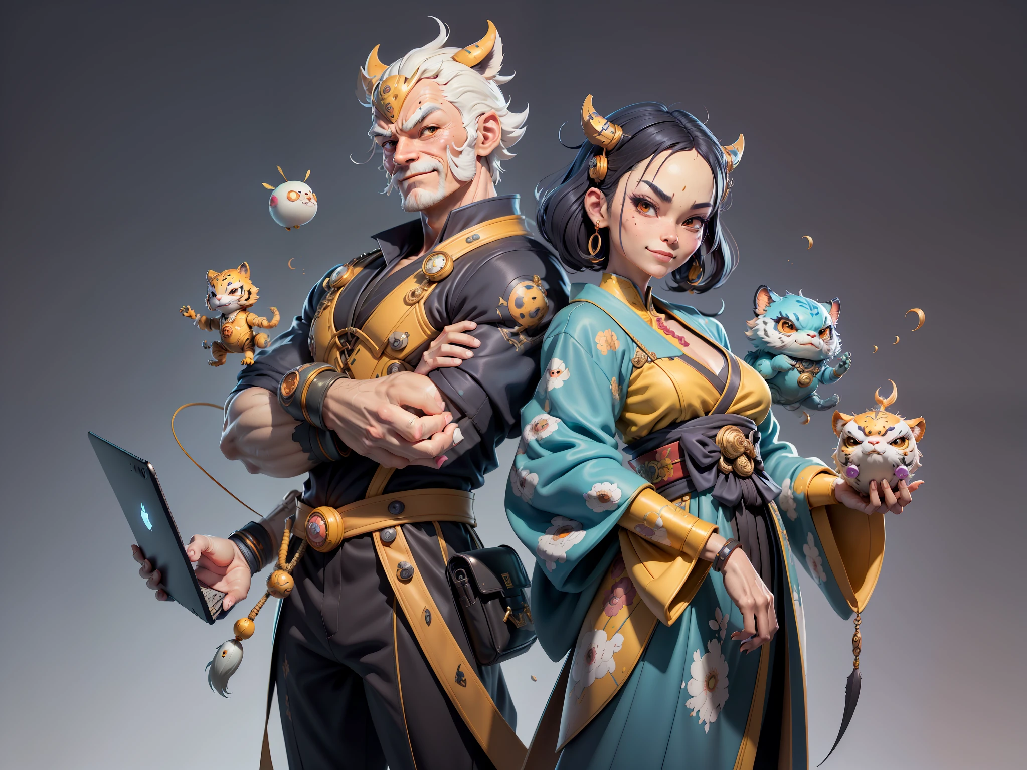 (Masterpiece), (Excellent), (Super Meticulous), (Full Body: 1.2), Super Young Man with Japanese Female Geisha, Beauty, Chinese Dragon, Tiger, Wind God Thor, Sexy, Bursting, Oriental Face, TV Anchor, Bust Portrait Illustration, Black Suit, Blue Tie, Slightly Chubby, Very Clean Face, No Beard, Black Super Short Hair, Black Eyes, Confident Smile, 3c Computer Sub-Products, iPad, iPhone, Digital Painting, 3D Character Design by Mark Claireden and Pixar and Hayao Miyazaki and Akira Toriyama, The illustration is a high-definition illustration in 4K resolution with very detailed facial features and cartoon-style visuals.