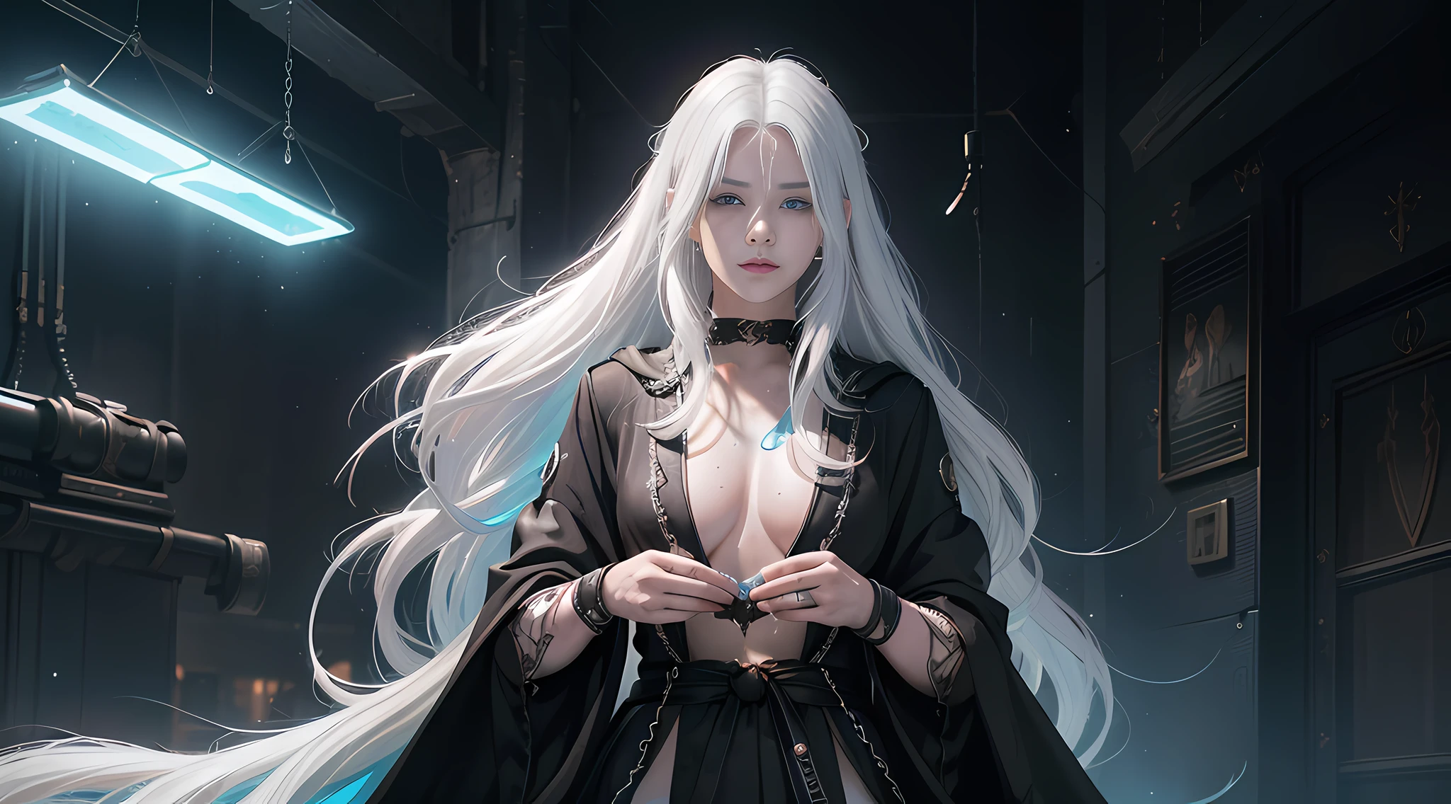 cyberpunk girl, fantasy world, dark background, clean design, epic Instagram, artstation, colorful paint splash, silhouette, ultra-detailed intricate details, Unreal engine, fantasy, complex details, splash screen, complementary colors, fantasy concept art, 8k resolution, deviantart masterpiece, oil painting, heavy stroke, paint dripping, (isolated on white background: 1.3), rainbow skin, (((handsome young man))), (( age:1.5)), (glowing blue eyes), ((eyes with light)),(((long white hair:1.1)))), ((black)), (princess \\(indifferent expression\\), (((wearing high-detail and diverse luxury black robes))), white hair, (abs) (large pectoral muscles)