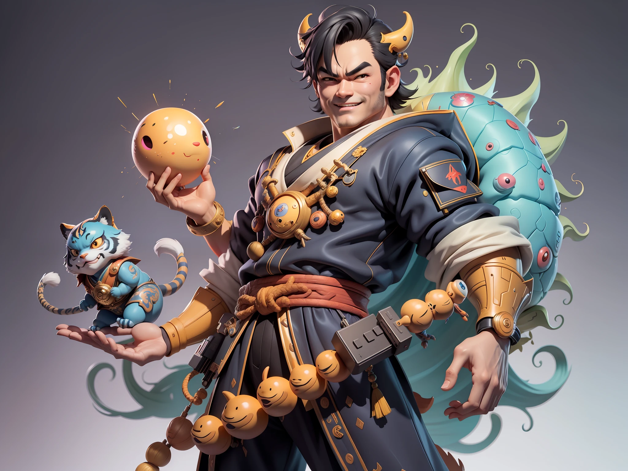 (Masterpiece), (Excellent), (Super Meticulous), (Full Body: 1.2), Super Young Man with Japanese Female Geisha, Beauty, Chinese Dragon, Tiger, Wind God Thor, Sexy, Bursting, Oriental Face, TV Anchor, Bust Portrait Illustration, Black Suit, Blue Tie, Slightly Chubby, Very Clean Face, No Beard, Black Super Short Hair, Black Eyes, Confident Smile, 3c Computer Sub-Products, iPad, iPhone, Digital Painting, 3D Character Design by Mark Claireden and Pixar and Hayao Miyazaki and Akira Toriyama, The illustration is a high-definition illustration in 4K resolution with very detailed facial features and cartoon-style visuals.