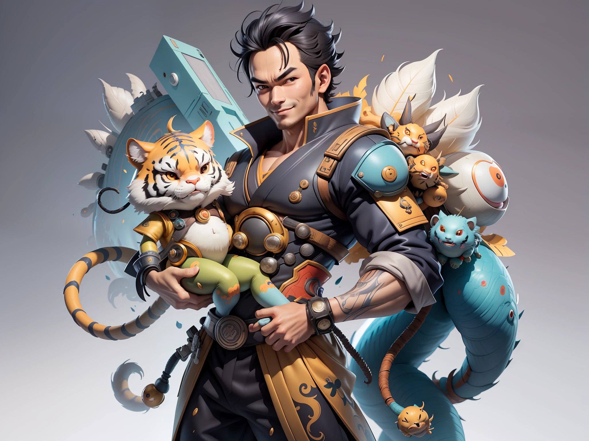 (Masterpiece), (Excellent), (Super Meticulous), (Full Body: 1.2), Super Young Man with Japanese Female Geisha, Beauty, Chinese Dragon, Tiger, Wind God Thor, Sexy, Bursting, Oriental Face, TV Anchor, Bust Portrait Illustration, Black Suit, Blue Tie, Slightly Chubby, Very Clean Face, No Beard, Black Super Short Hair, Black Eyes, Confident Smile, 3c Computer Sub-Products, iPad, iPhone, Digital Painting, 3D Character Design by Mark Claireden and Pixar and Hayao Miyazaki and Akira Toriyama, The illustration is a high-definition illustration in 4K resolution with very detailed facial features and cartoon-style visuals.