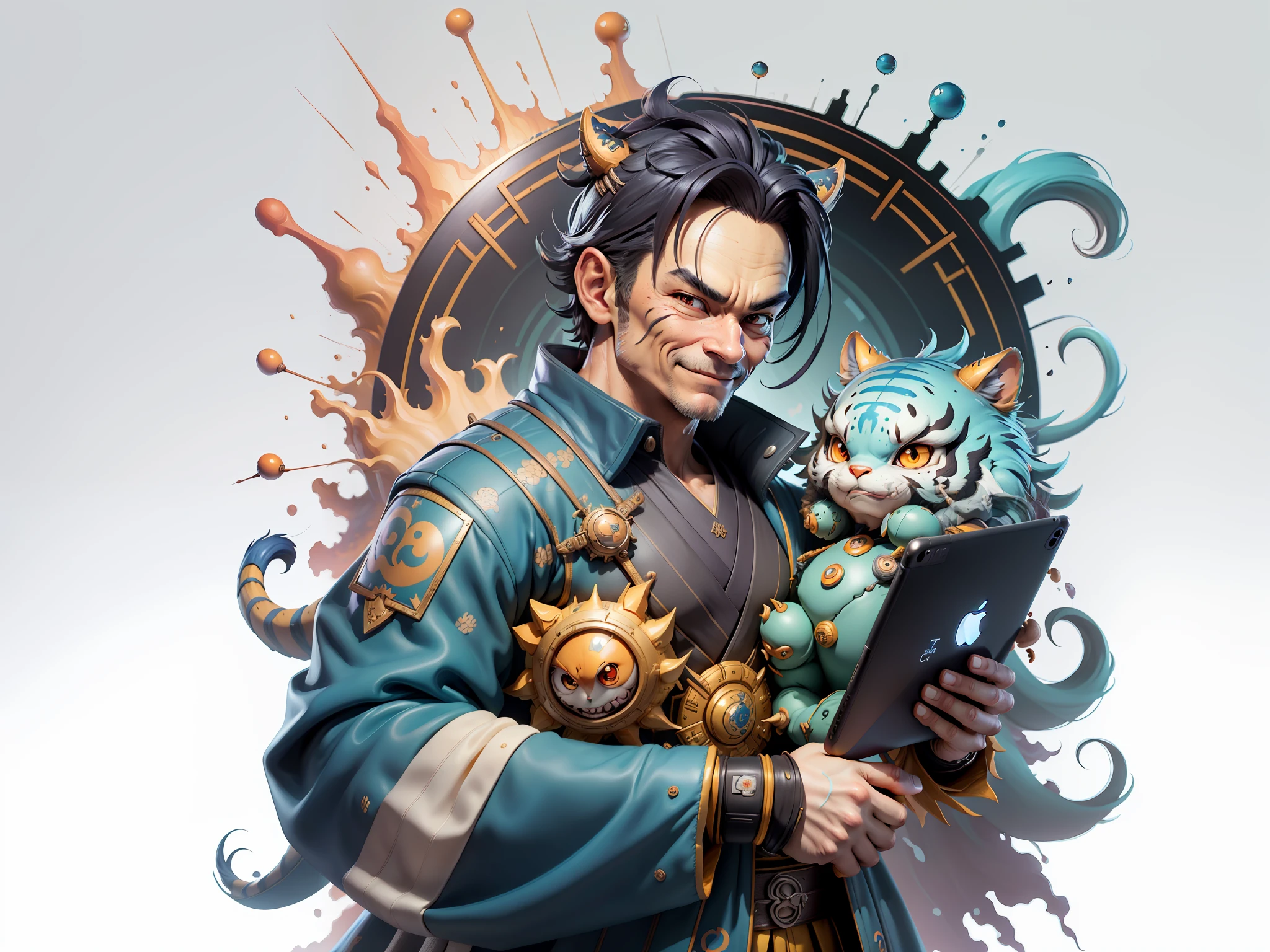 (Masterpiece), (Excellent), (Super Meticulous), (Full Body: 1.2), Super Young Man with Japanese Female Geisha, Beauty, Chinese Dragon, Tiger, Wind God Thor, Sexy, Bursting, Oriental Face, TV Anchor, Bust Portrait Illustration, Black Suit, Blue Tie, Slightly Chubby, Very Clean Face, No Beard, Black Super Short Hair, Black Eyes, Confident Smile, 3c Computer Sub-Products, iPad, iPhone, Digital Painting, 3D Character Design by Mark Claireden and Pixar and Hayao Miyazaki and Akira Toriyama, The illustration is a high-definition illustration in 4K resolution with very detailed facial features and cartoon-style visuals.