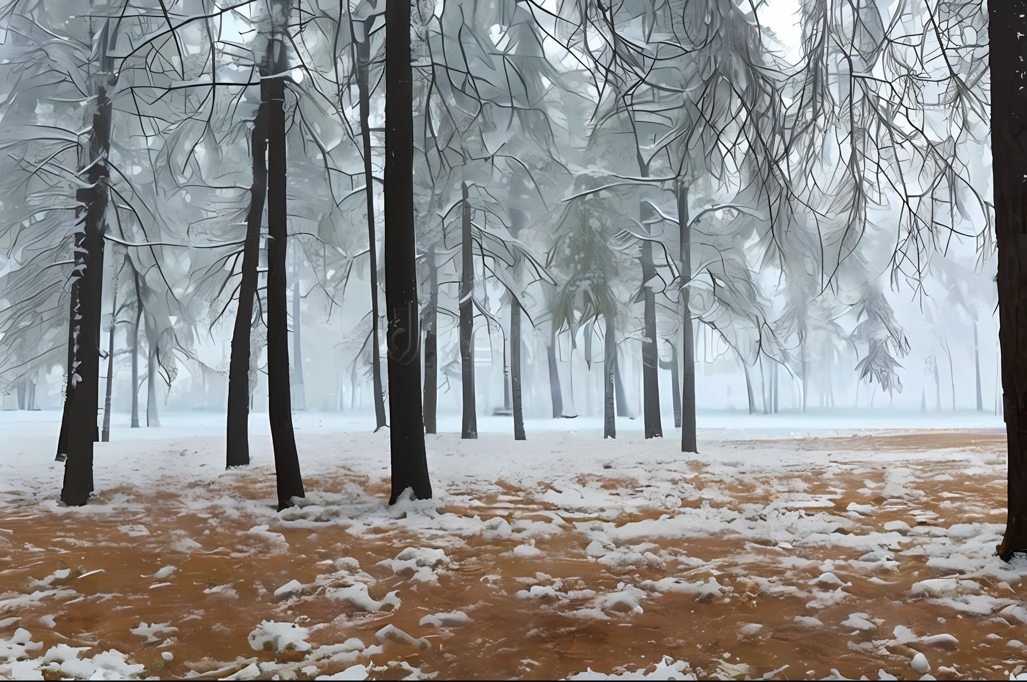 Snow disaster photo of winter landscape, fog is small, huge forest trees covered with snow, haze, blizzard