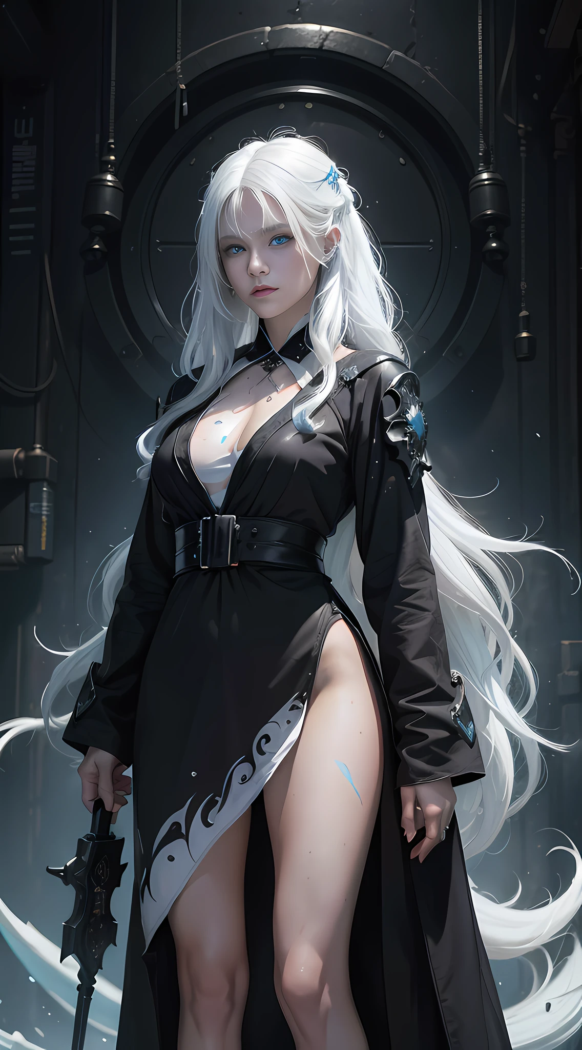 cyberpunk girl, fantasy world, dark background, clean design, epic Instagram, artstation, colorful paint splash, silhouette, ultra-detailed intricate details, Unreal engine, fantasy, complex details, splash screen, complementary colors, fantasy concept art, 8k resolution, deviantart masterpiece, oil painting, heavy stroke, paint dripping, (isolated on white background: 1.3), rainbow skin, (((handsome young man))), (( age:1.5)), (glowing blue eyes), ((eyes have light)), (((long white hair: 1.1))), ((black)), (princess \\(indifferent expression\\), (((wearing high-detail and diverse luxury black robes))), white hair, (abs) (large pecs) (appropriate posture)