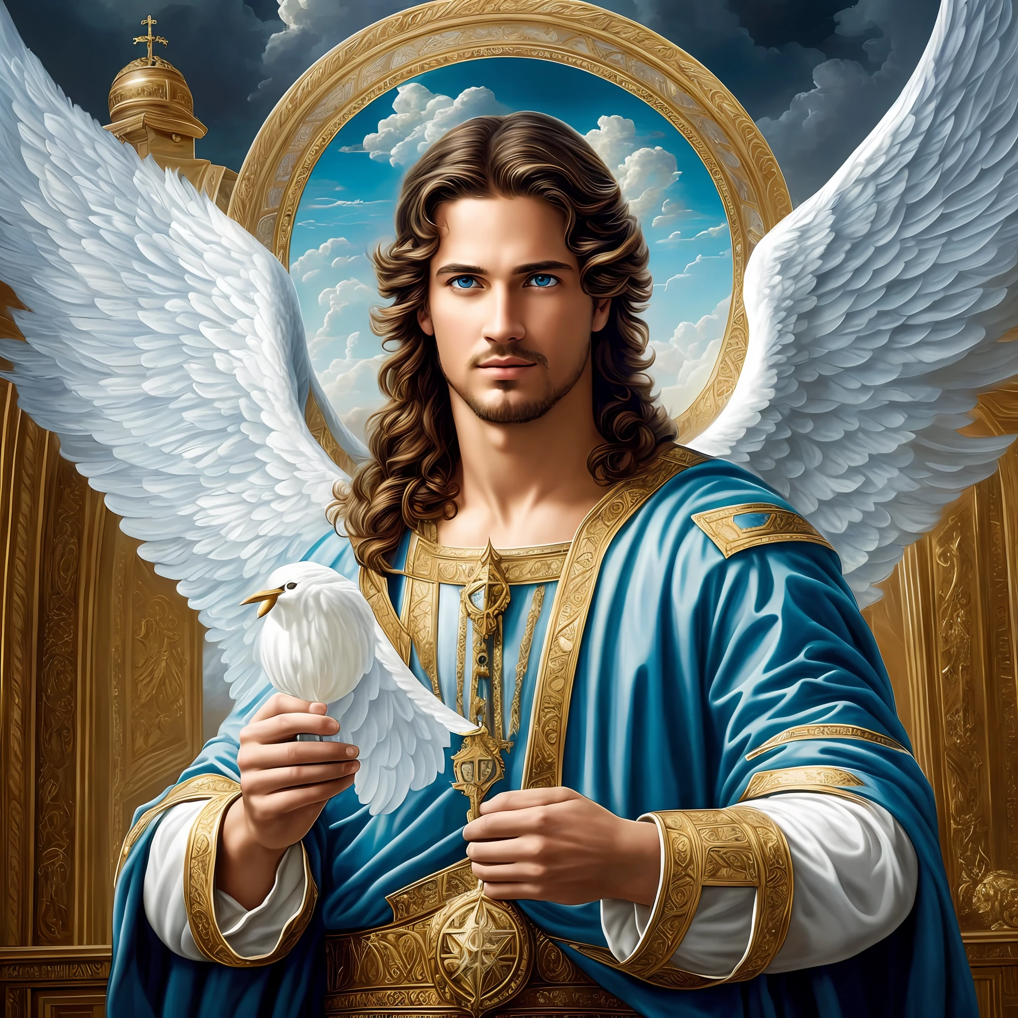 cristã, religioso, pintura a óleo, cinematográfico, (magnificent sky, cloud),32 years old,(man with azure eyes),(tall and enchanting aura),angel Michael.